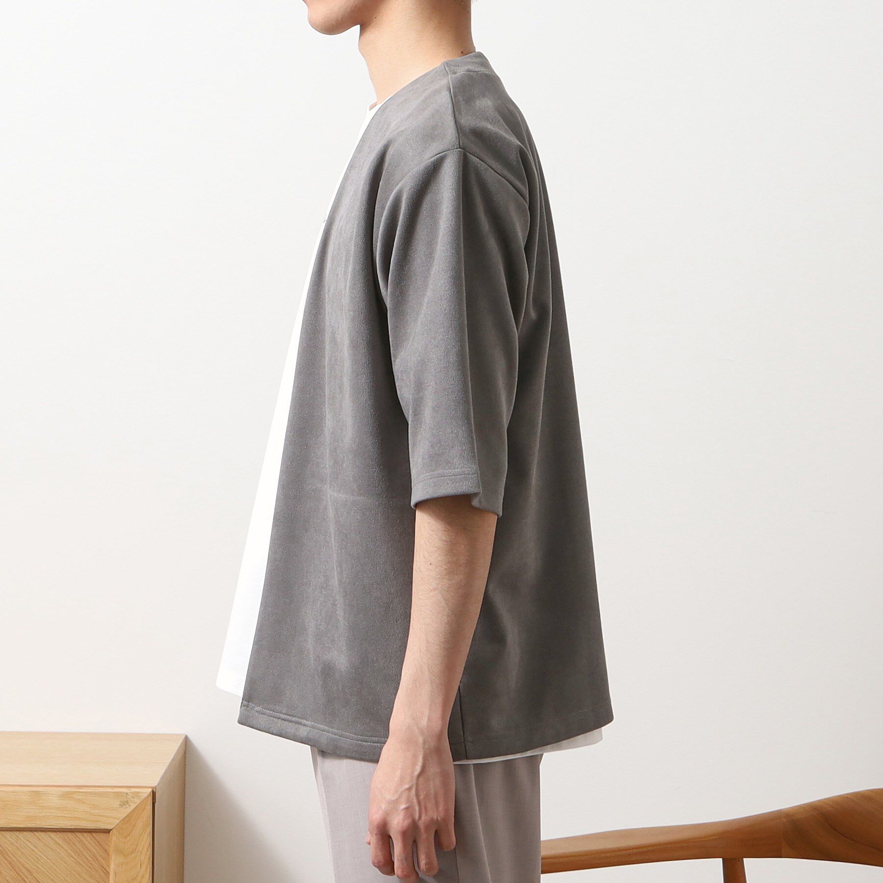 THE SHOP TK「フェイクスウェードアンサンブルカーディガン【五分袖カーディガン＋半袖Tシャツセットアイテム】」|カーディガン|