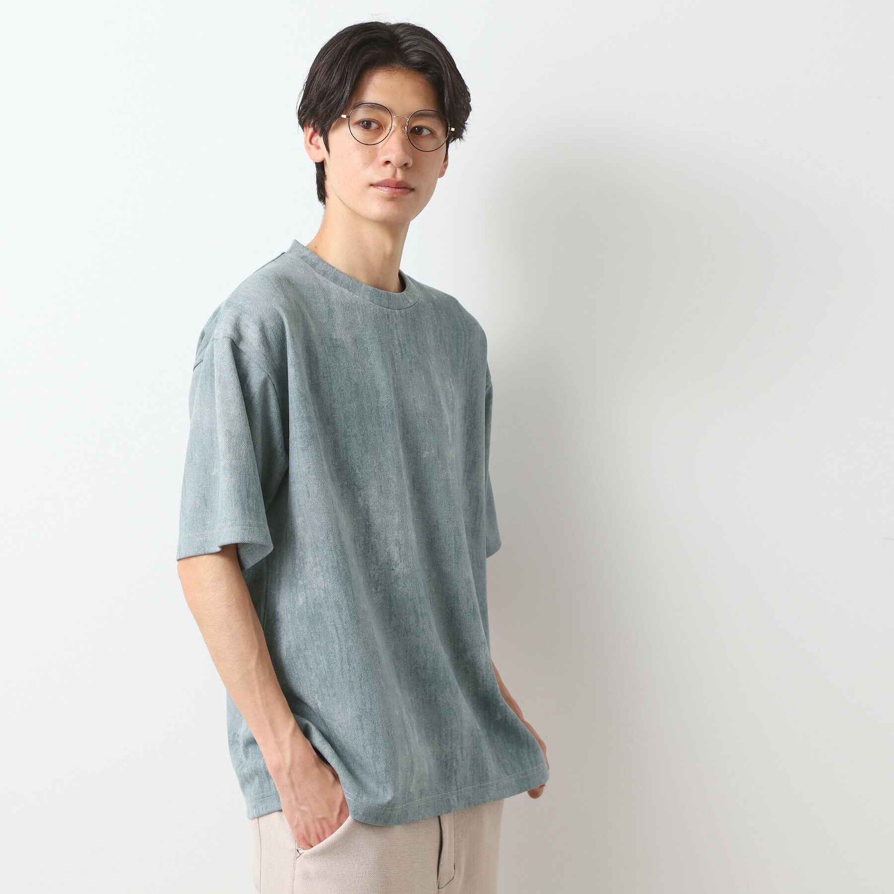 THE SHOP TK「スウェードプリント半袖Tシャツ　【オーバーサイズ/洗濯機OK】」|Tシャツ・カットソー|ミントグリーン(02