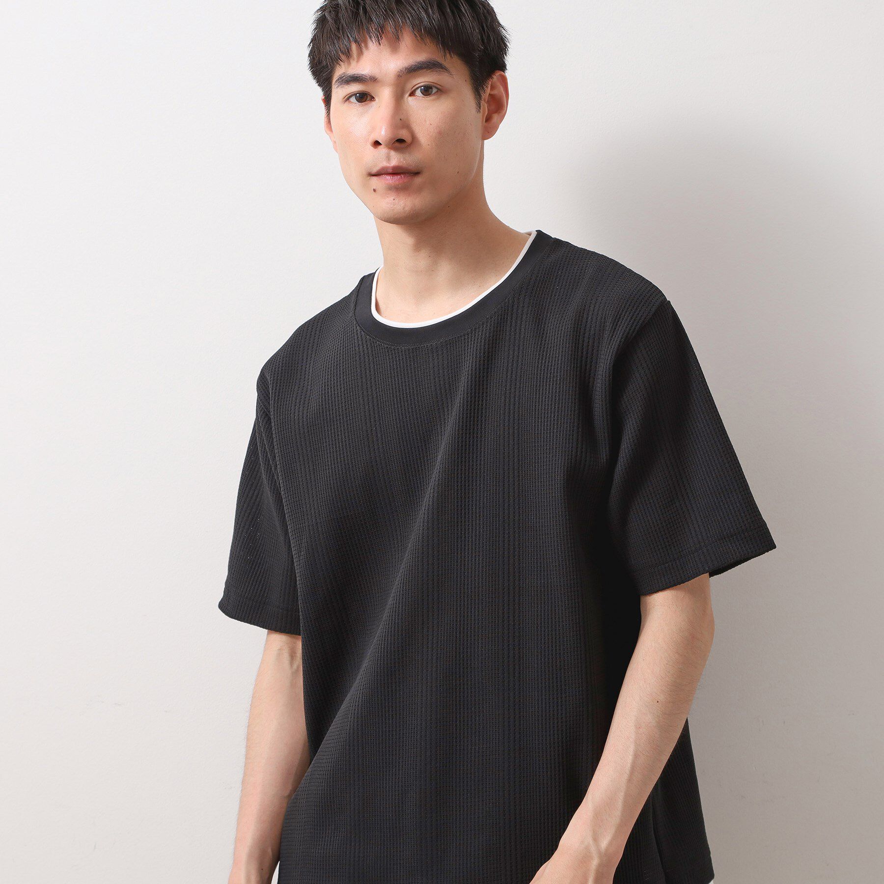 THE SHOP TK「ランダムワッフル半袖Tシャツ 【洗濯機ＯＫ】」|Tシャツ・カットソー|ブラック(019)