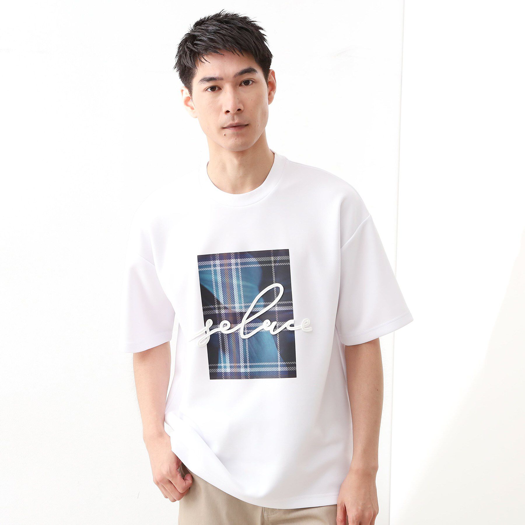 THE SHOP TK「コード刺繍フォトプリント半袖Tシャツ 【洗濯機OK】」|Tシャツ・カットソー|オフホワイト(103