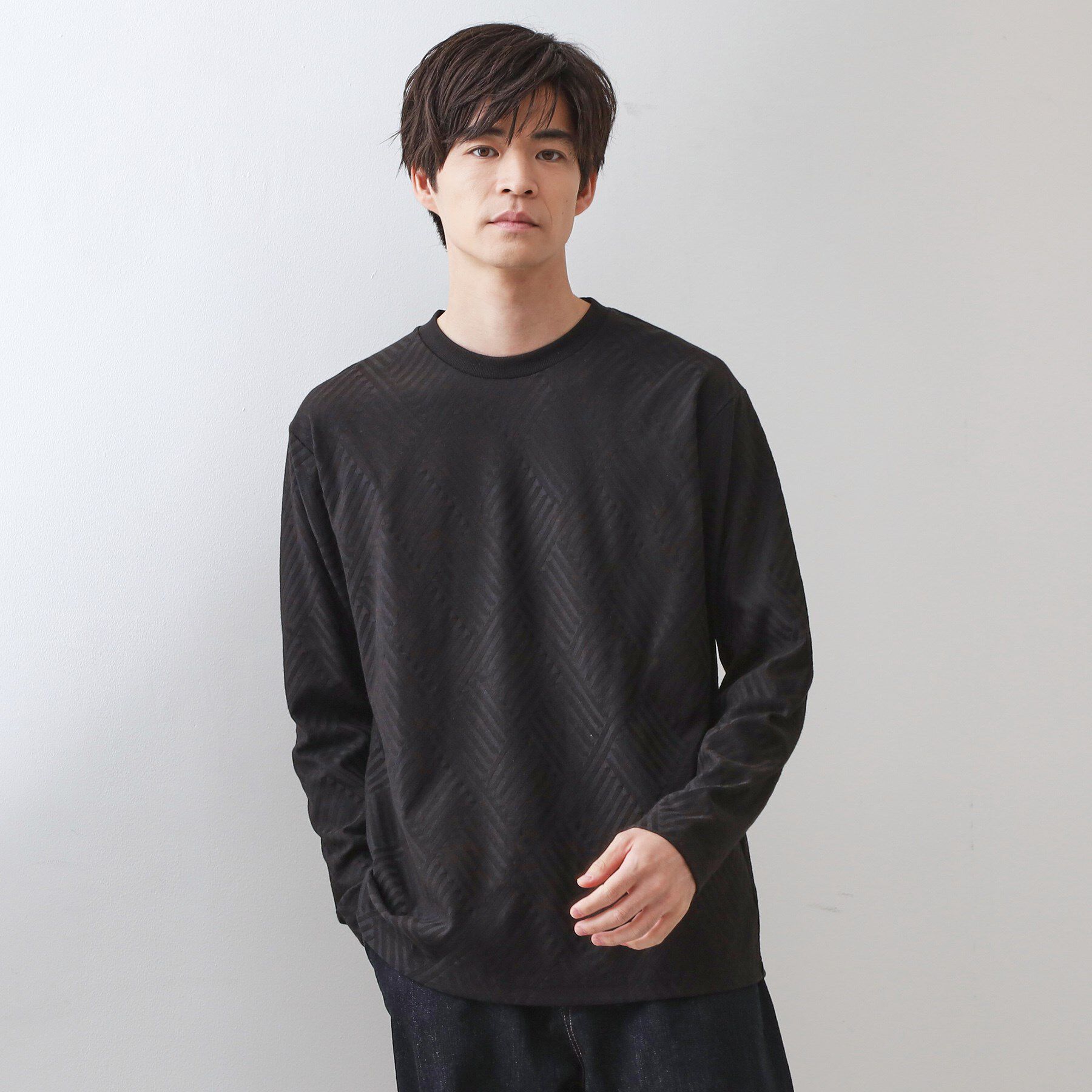 THE SHOP TK「リンクスジャカード長袖Tシャツ【サスティナブル素材使用/洗濯機OK】」|Tシャツ・カットソー|ブラック(019)