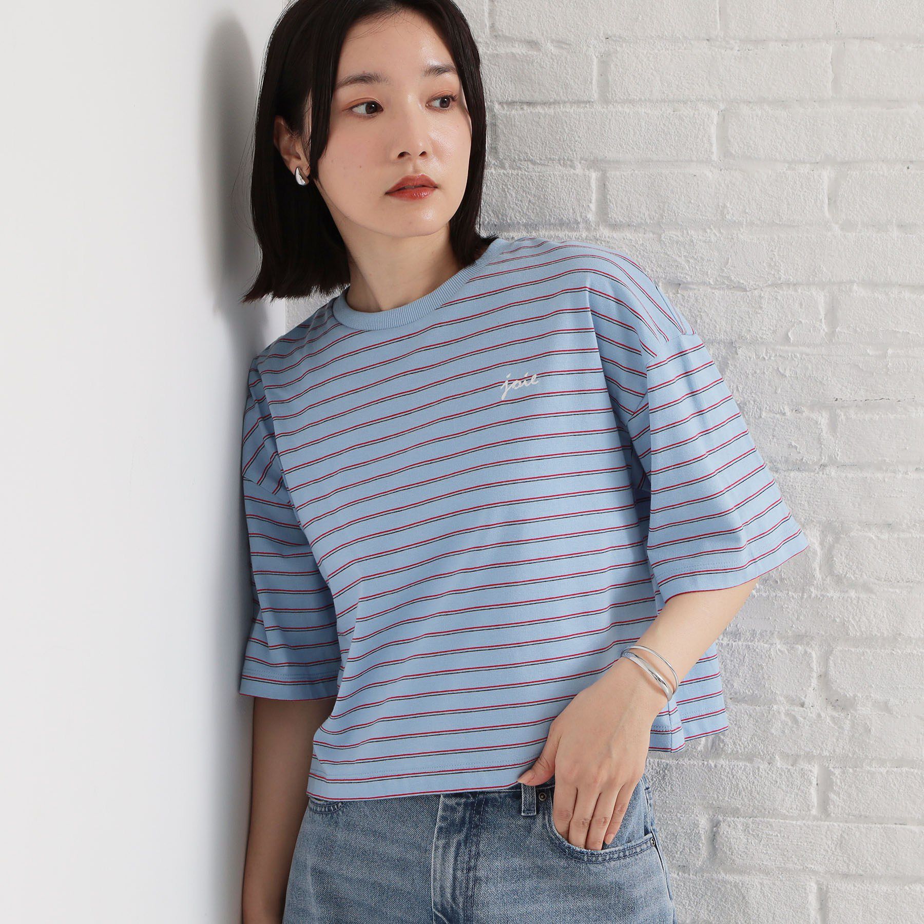 THE SHOP TK「ワンポイント刺繍マルチボーダーTee」|Tシャツ・カットソー|ブルー(391)