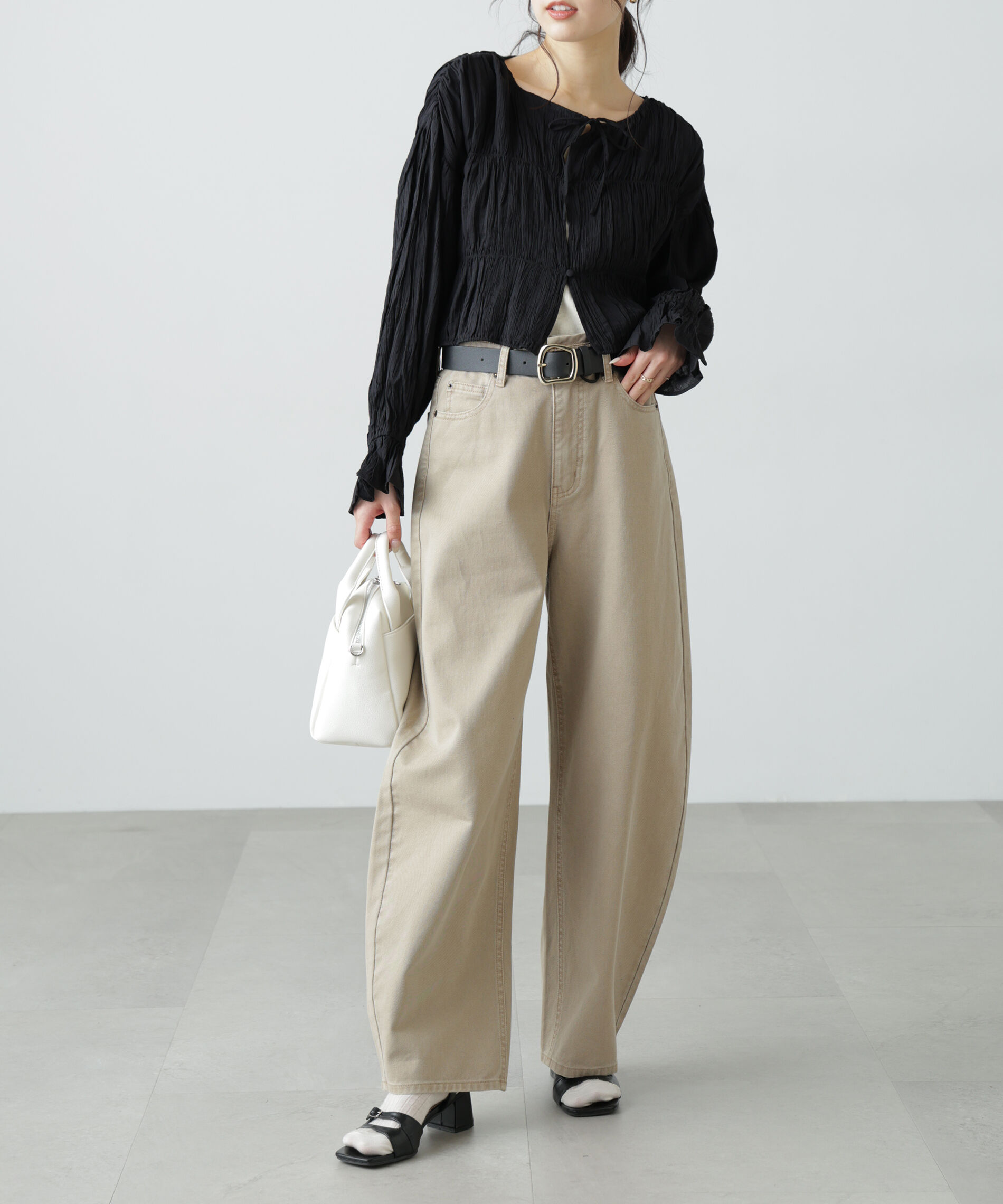  「シアーギャザー前開き短丈ブラウス」|シャツ・ブラウス|