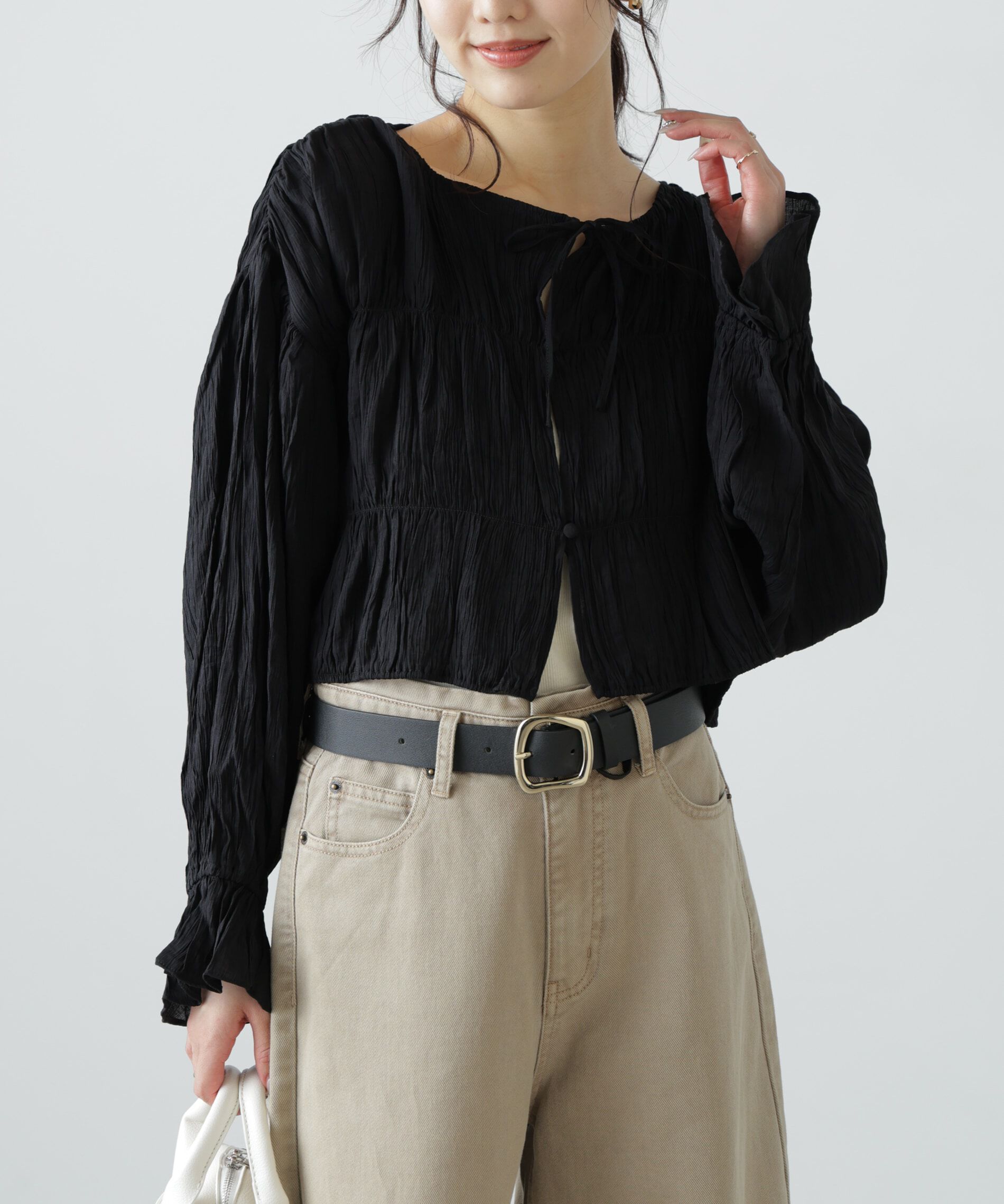  「シアーギャザー前開き短丈ブラウス」|シャツ・ブラウス|