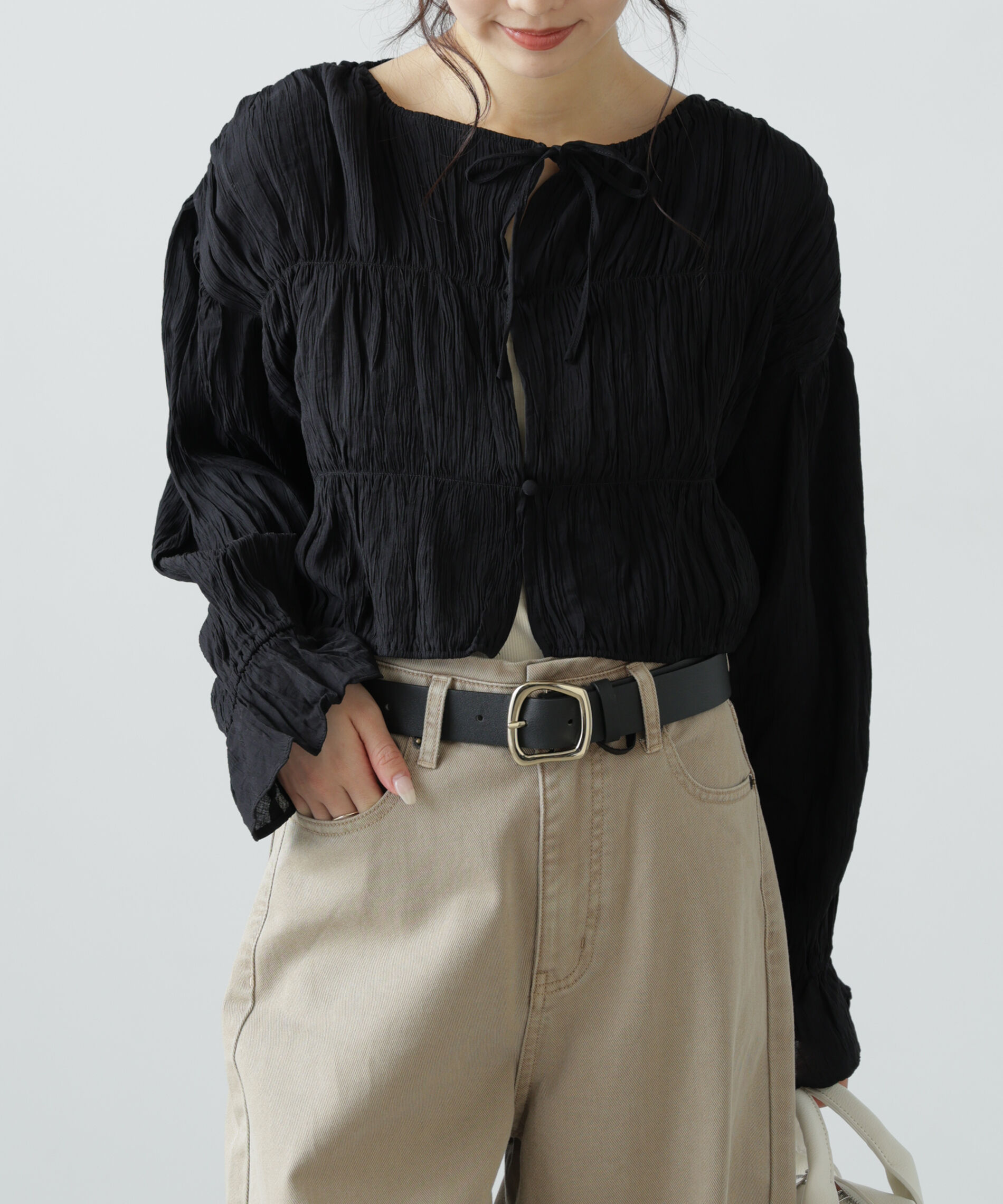  「シアーギャザー前開き短丈ブラウス」|シャツ・ブラウス|