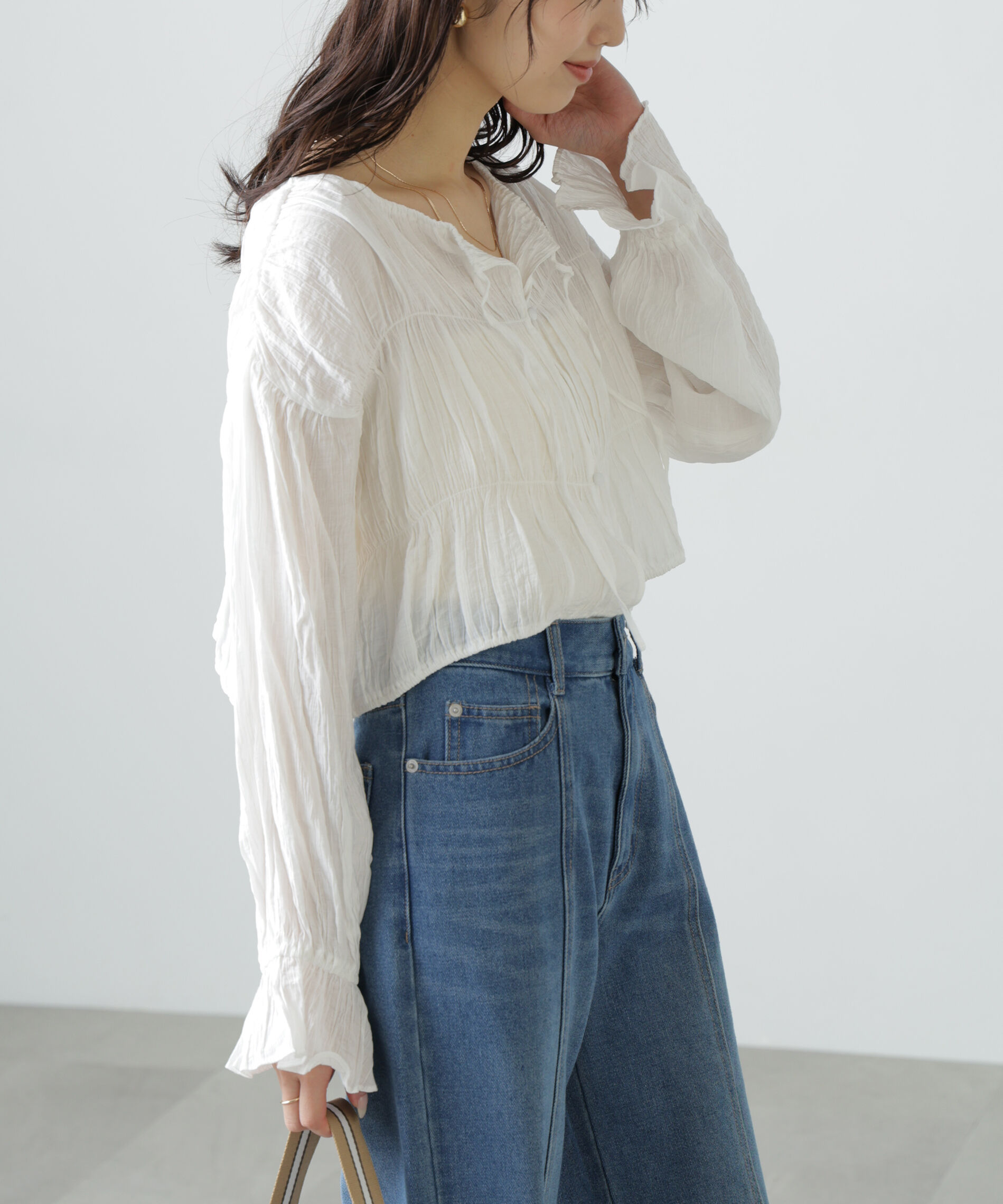  「シアーギャザー前開き短丈ブラウス」|シャツ・ブラウス|