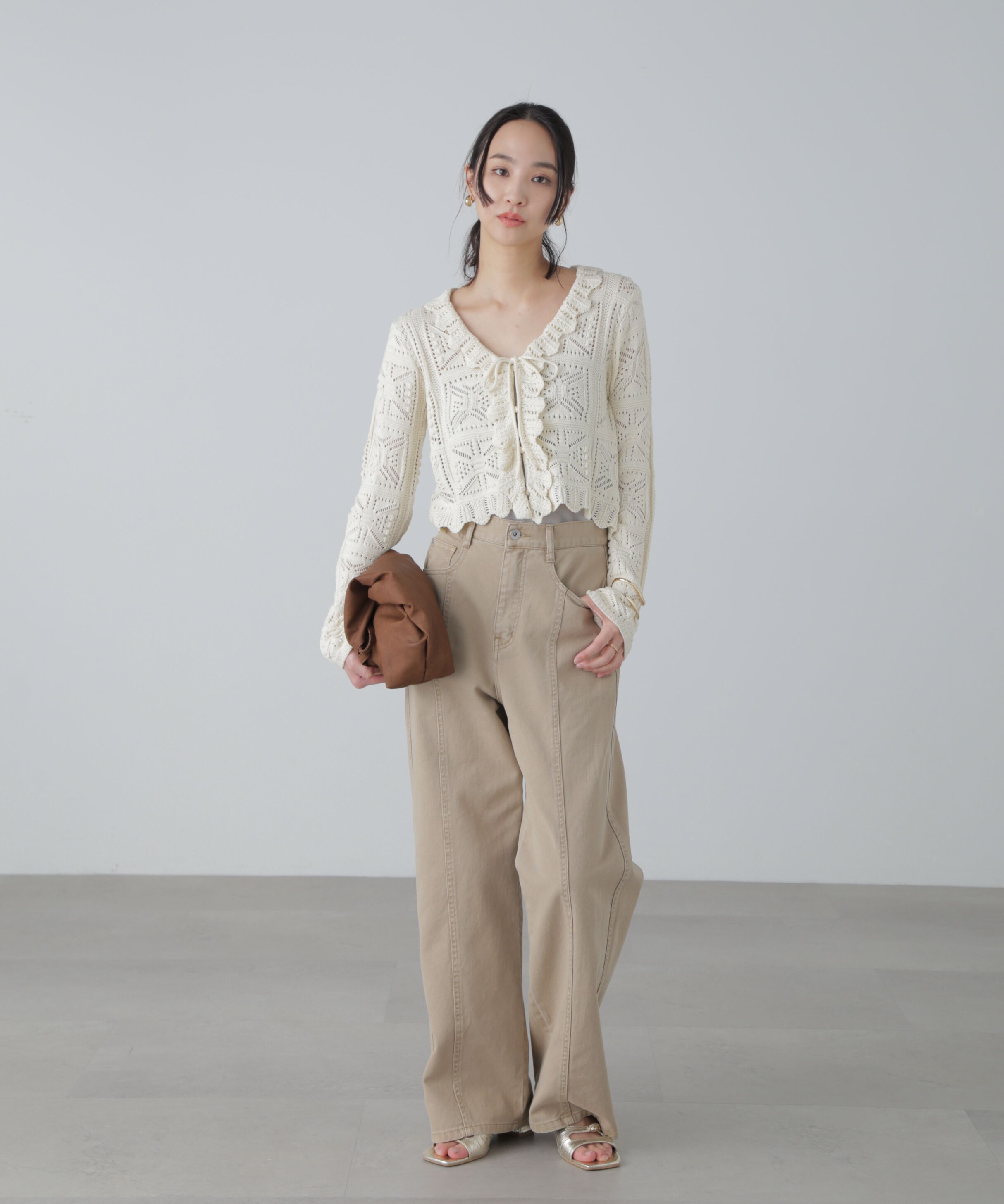  「透かし編みクロップドニットカーディガン」|ニット・セーター|