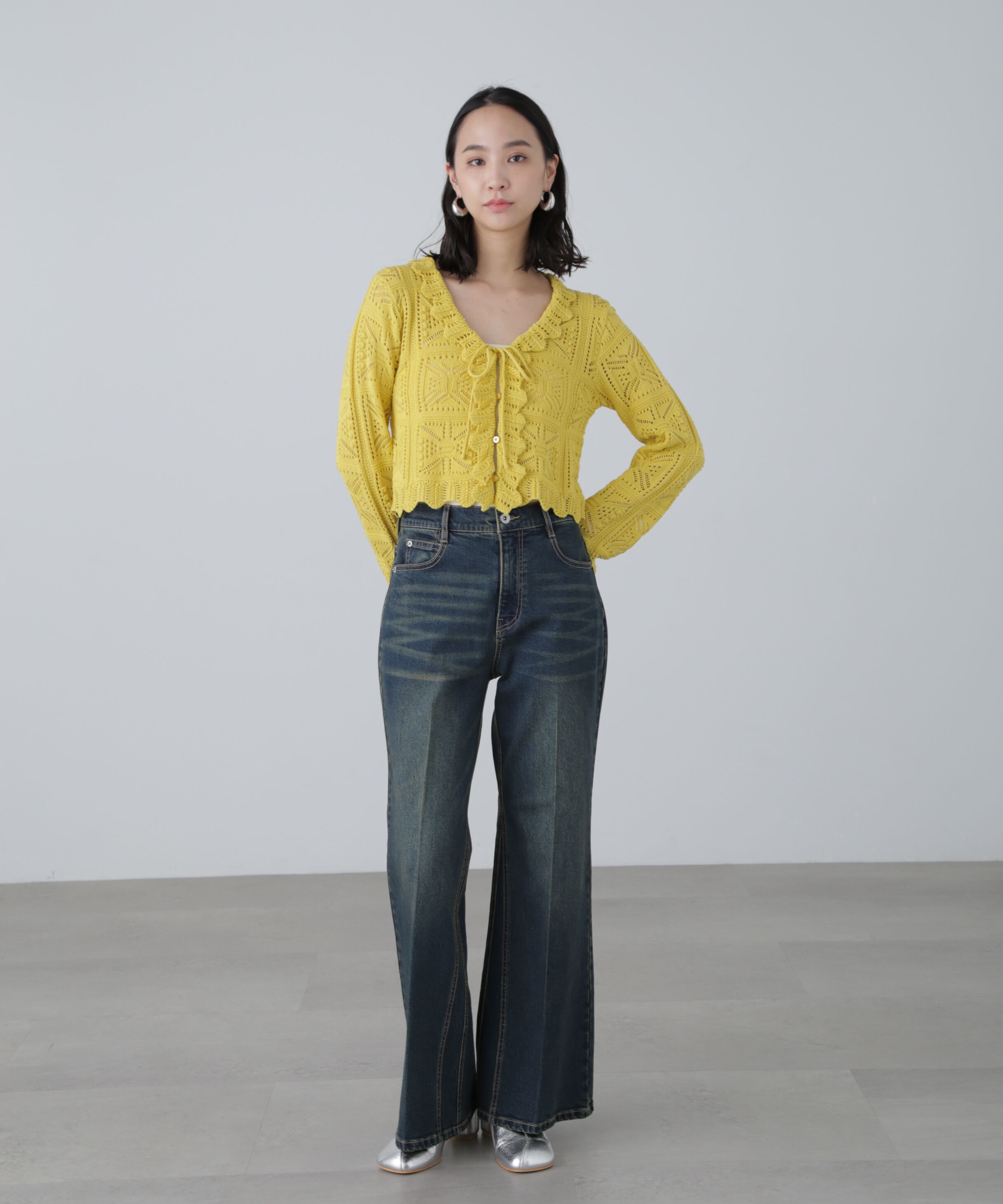  「透かし編みクロップドニットカーディガン」|ニット・セーター|