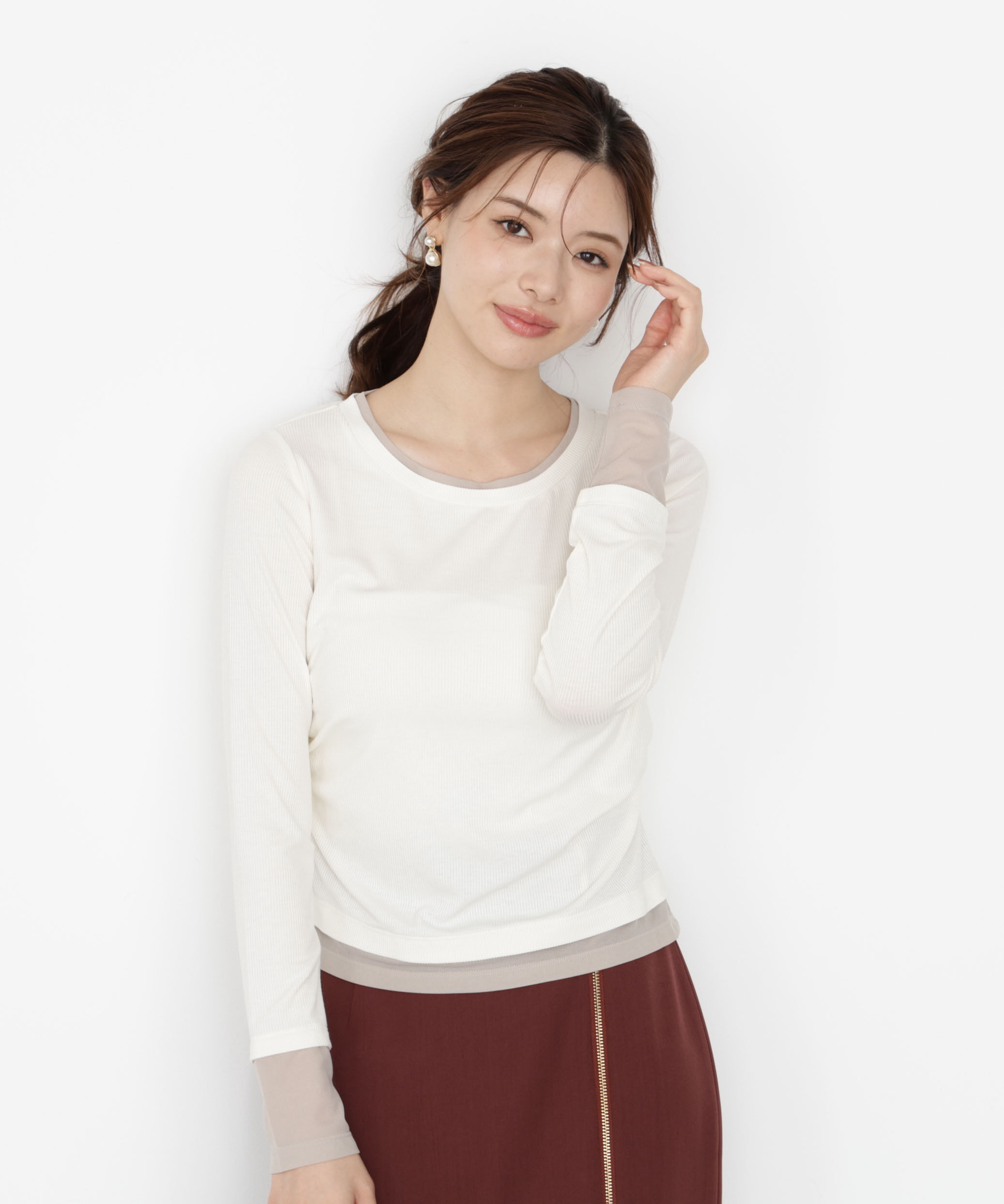 PROPORTION BODY DRESSING「＜ウォッシャブル＞レイヤード風テレコ 25AW」|Tシャツ・カットソー|エクリュ&times;グ  1