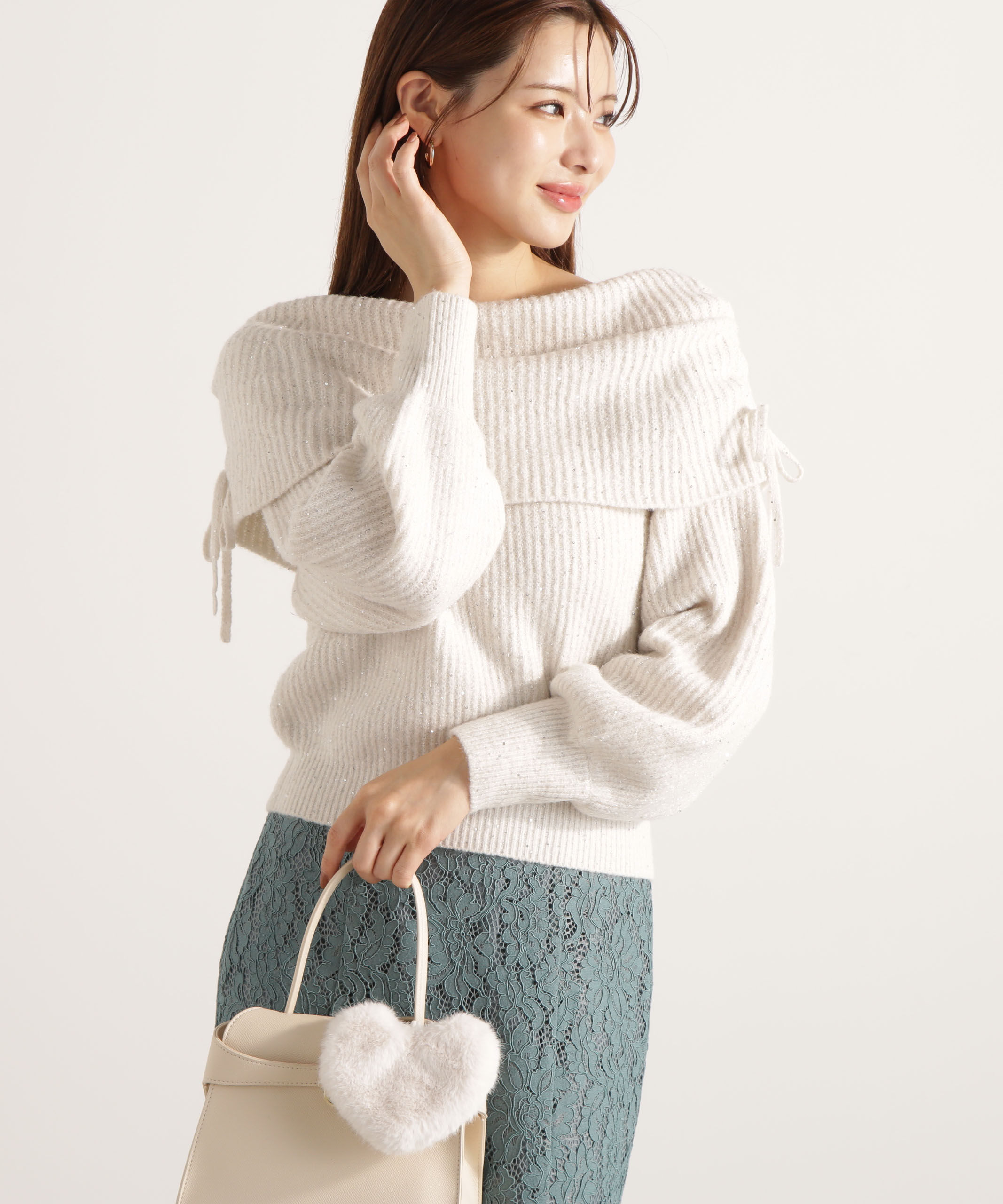 PROPORTION BODY DRESSING「リボン付きオフショルニット 25AW」|ニット・セーター|エクリュ1