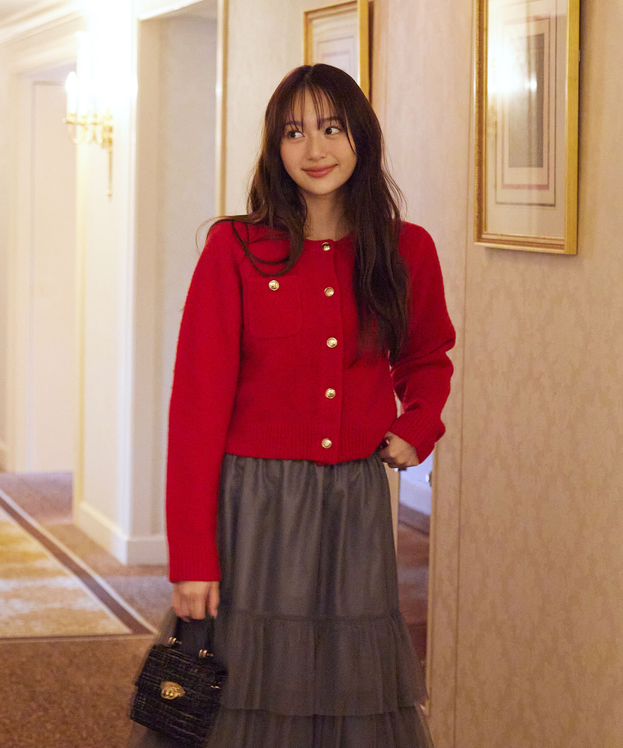 PROPORTION BODY DRESSING「釦POINTウール混カーディガン 25AW」|カーディガン|レッド