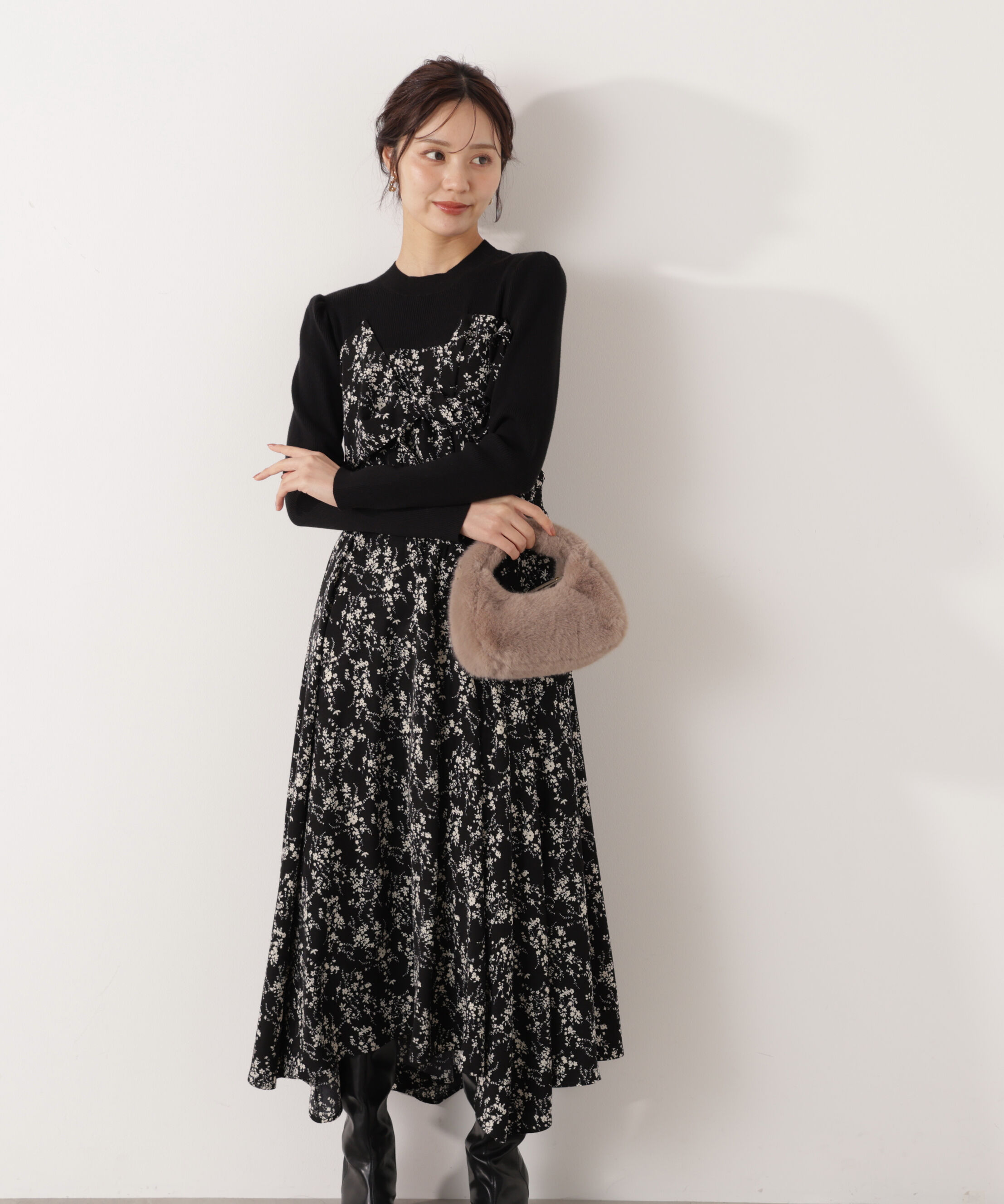 PROPORTION BODY DRESSING「フロントリボン花柄ドッキングワンピース　26SS」|ワンピース|