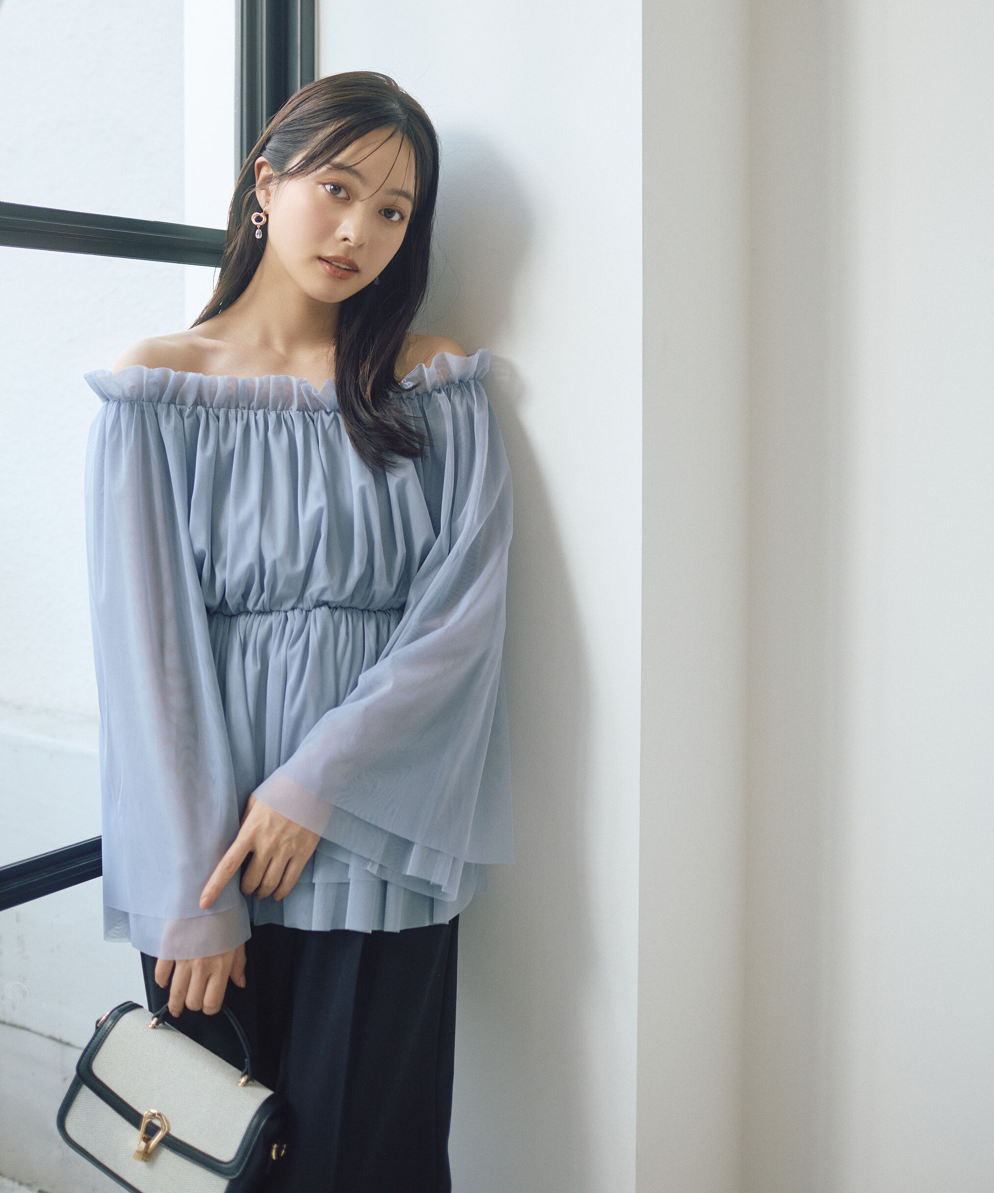 PROPORTION BODY DRESSING「＜明日香さんコラボ＞チュールスリーブフレアブラウス　26SS」|シャツ・ブラウス|ブルー