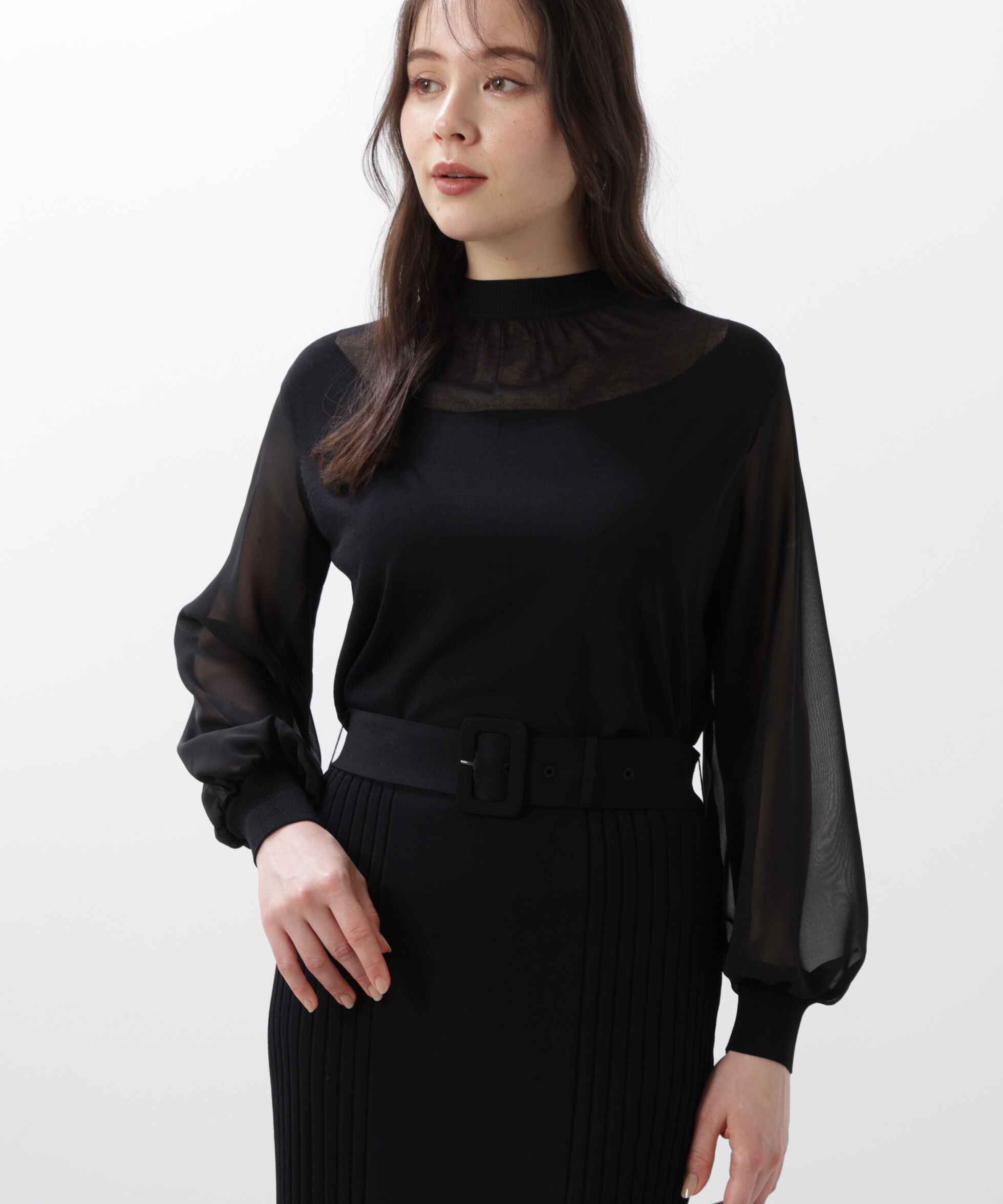  「◆ギャザーネックシフォンコンビニット」|ニット・セーター|ブラック