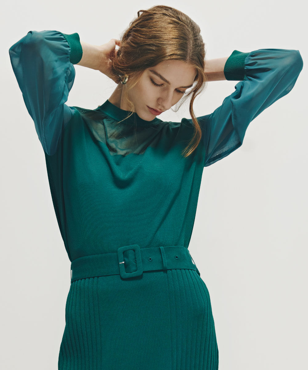  「◆ギャザーネックシフォンコンビニット」|ニット・セーター|