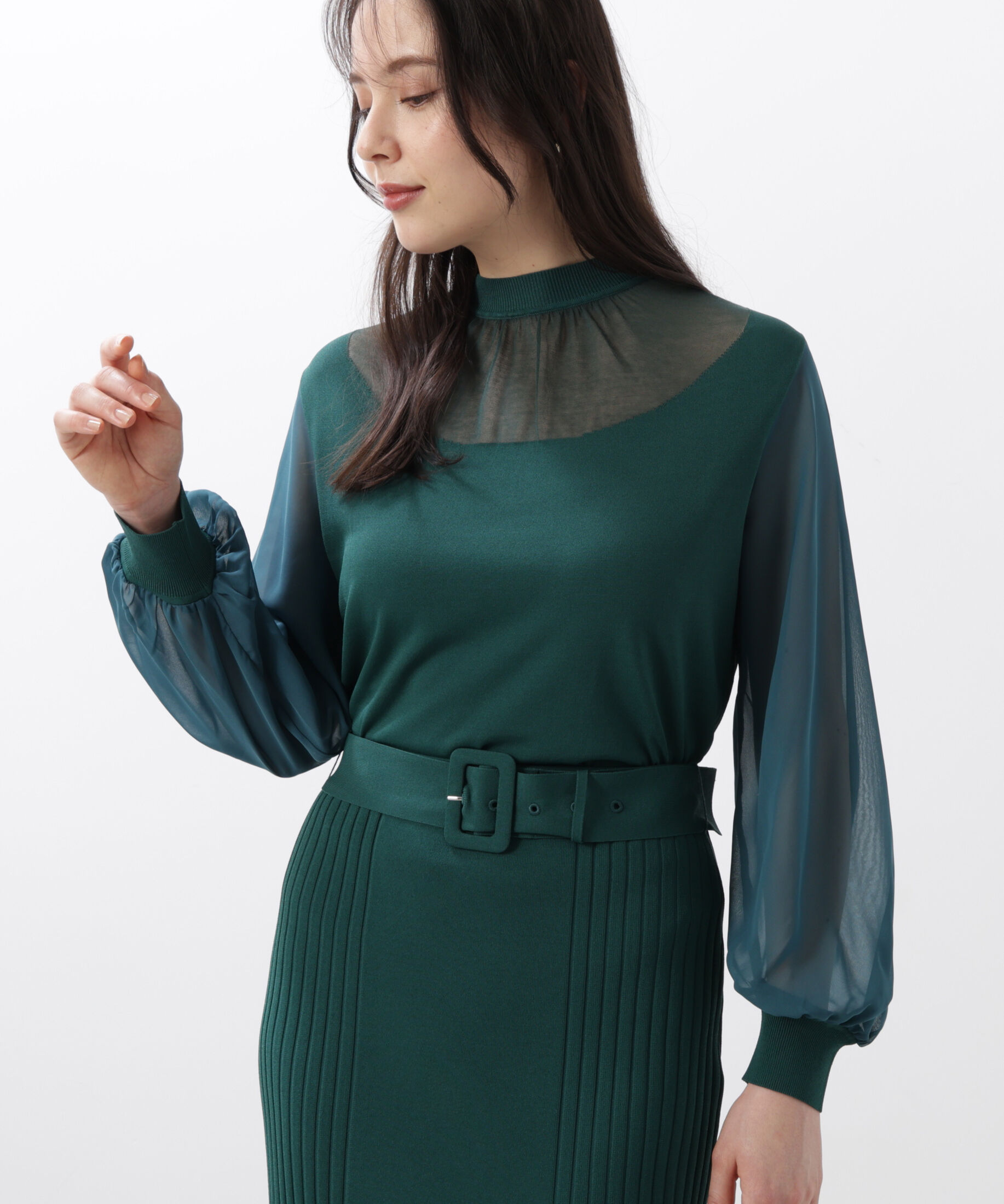  「◆ギャザーネックシフォンコンビニット」|ニット・セーター|