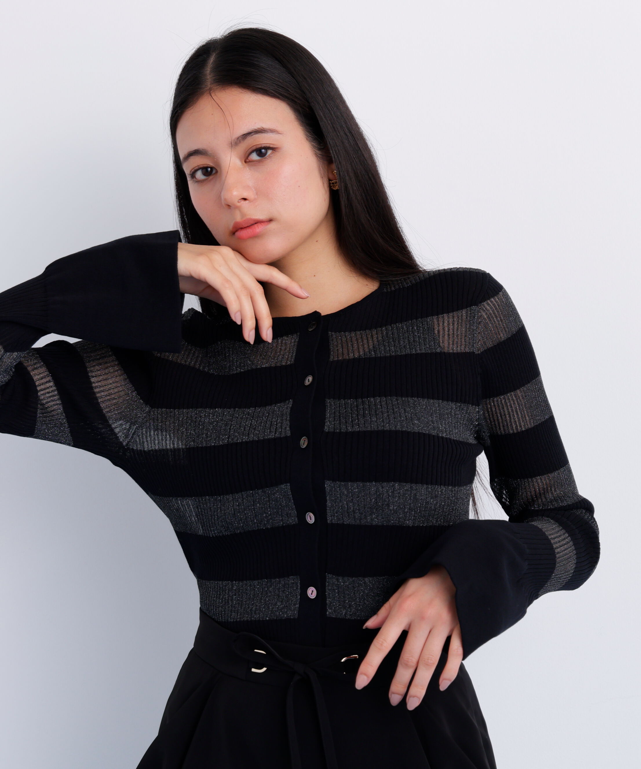  「［美香さん着用］リブシアーボーダーカーディガン」|その他|ブラック