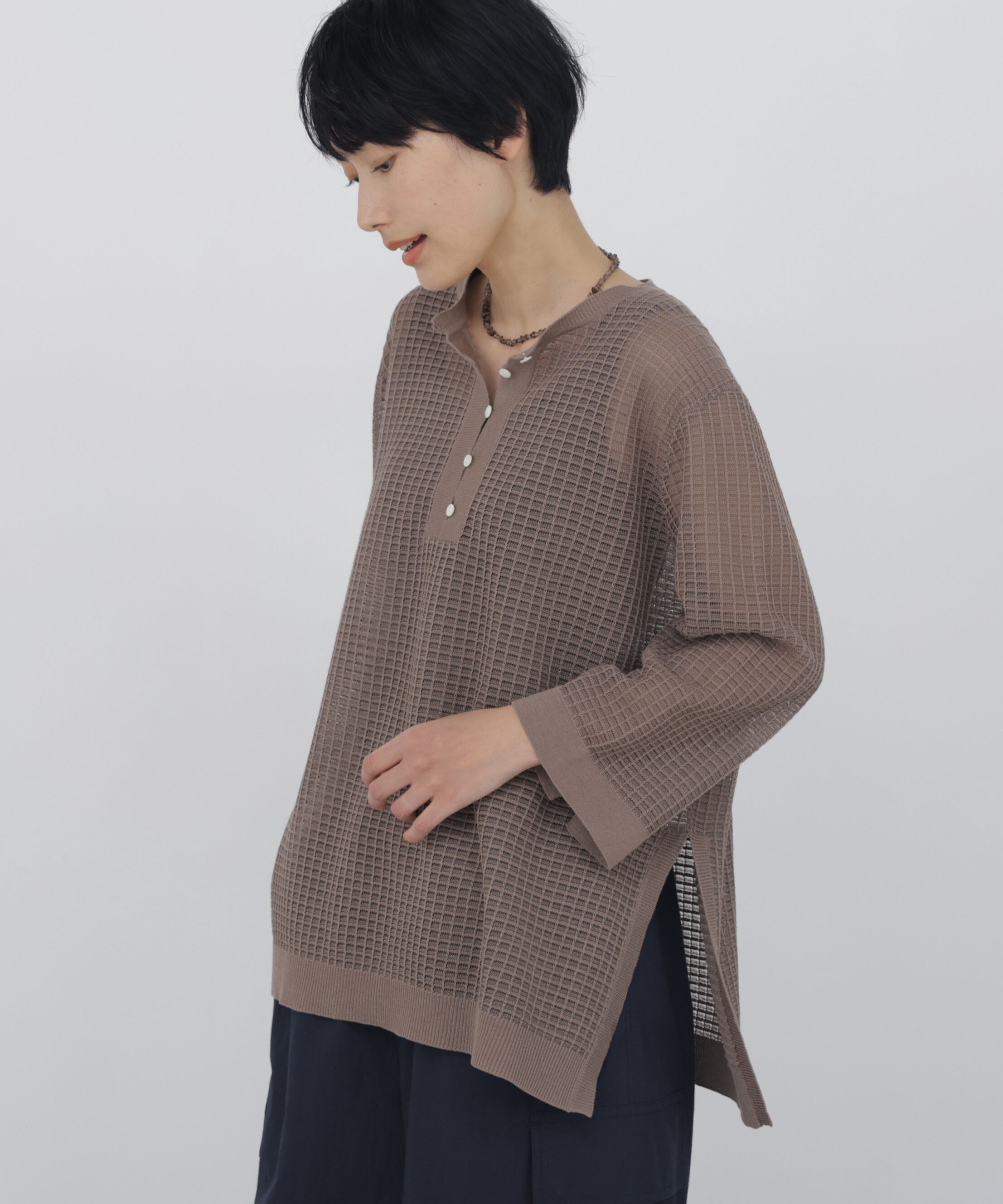  「◆コットンポリエステルシアーチェックチュニックプルオーバー」|ニット・セーター|モカ1
