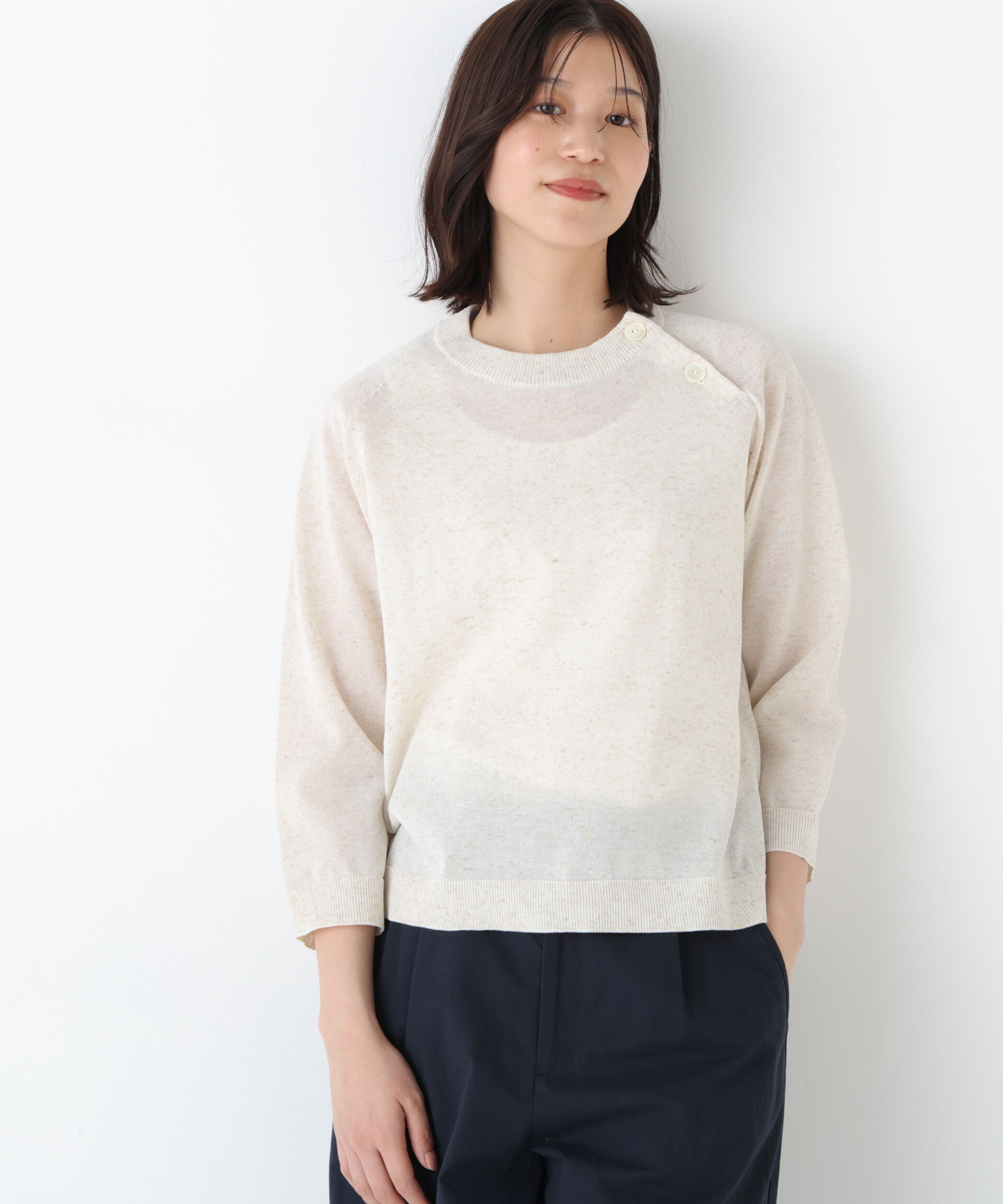  「◆ハイゲージニット６分袖ボタンプルオーバー」|ニット・セーター|ベージュ