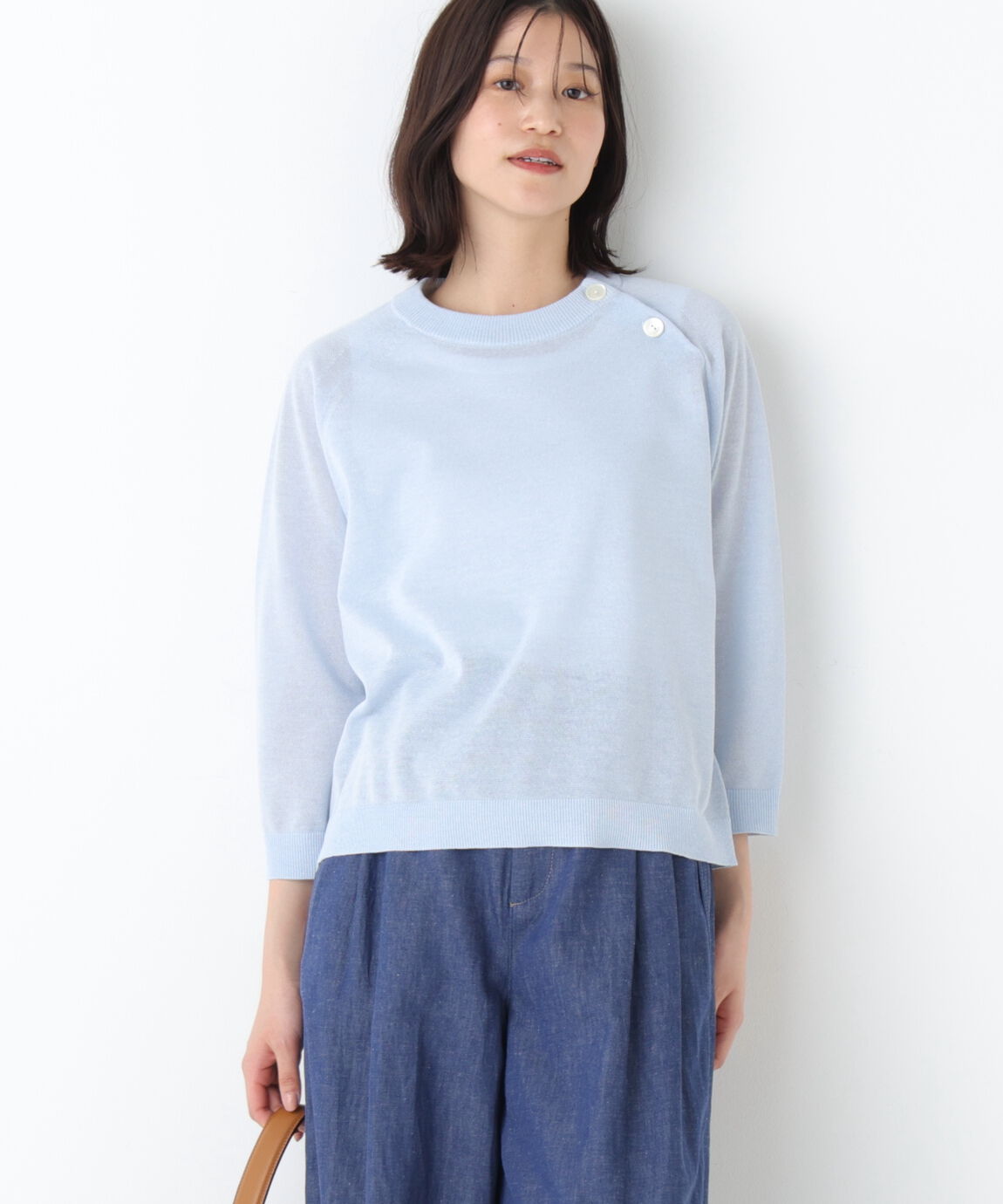  「◆ハイゲージニット６分袖ボタンプルオーバー」|ニット・セーター|ブルー