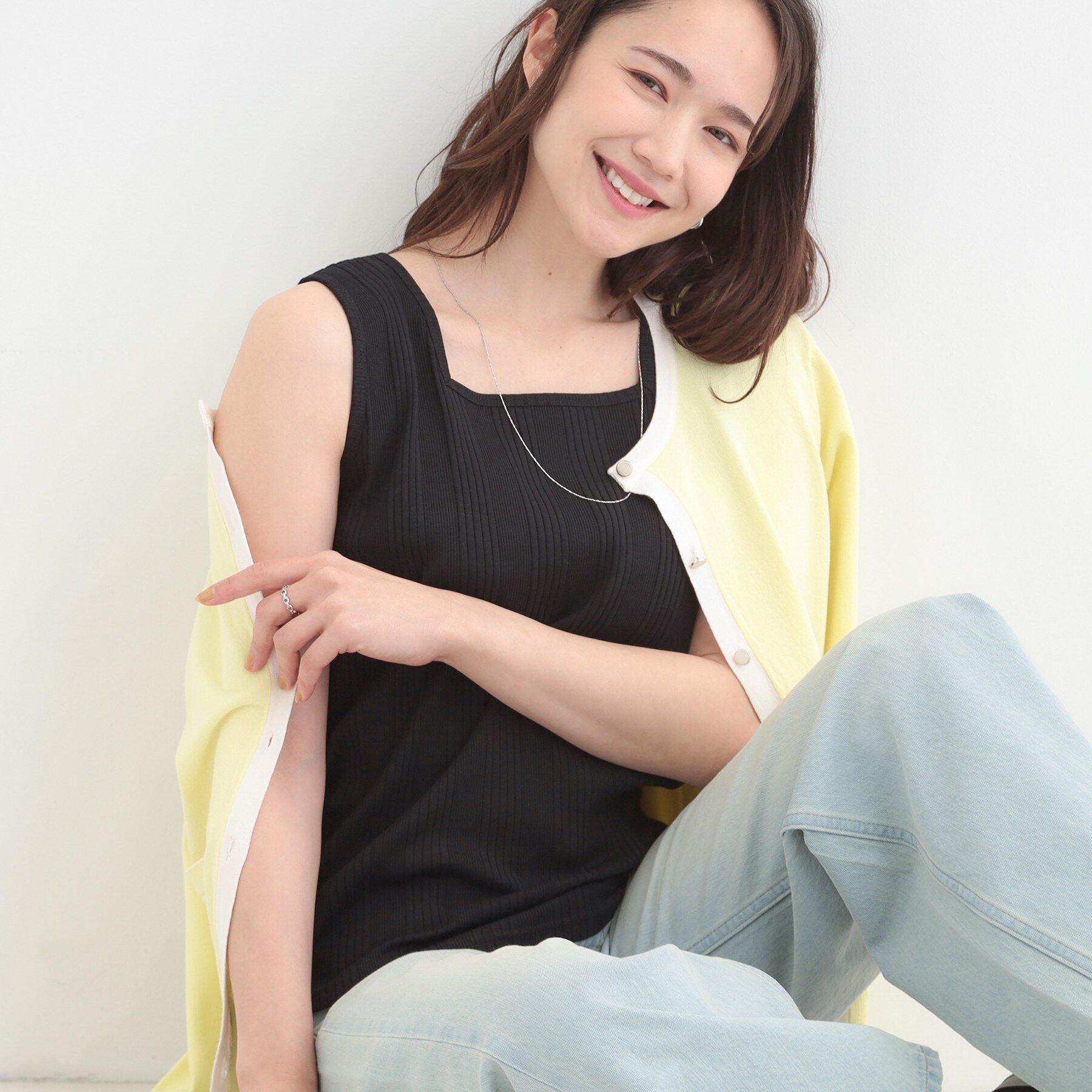 SHOO･LA･RUE「【前後2WAY/洗濯機可/S-LL】毎日のお供に ランダムテレコタンクトップ」|キャミソール|ブラック(019)