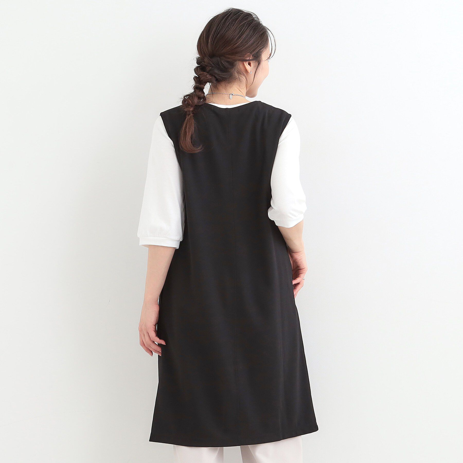 SHOO･LA･RUE「【2点セット/洗濯機可/S-LL】ジレにもなるジャンスカ+5分袖Tシャツ」|ワンピース|