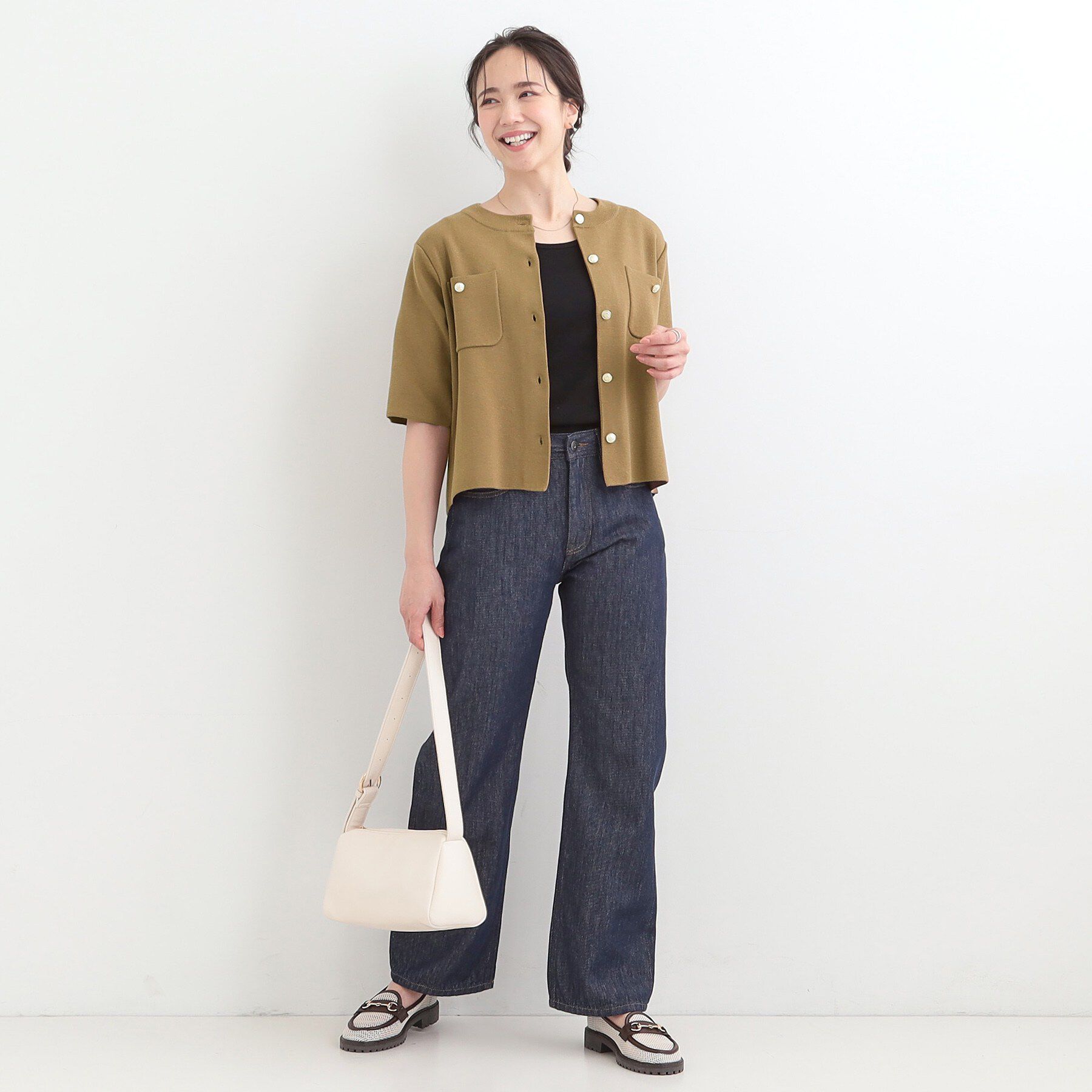 SHOO･LA･RUE「【S-LL/洗濯機可】金ボタン5分袖カーディガン」|カーディガン|