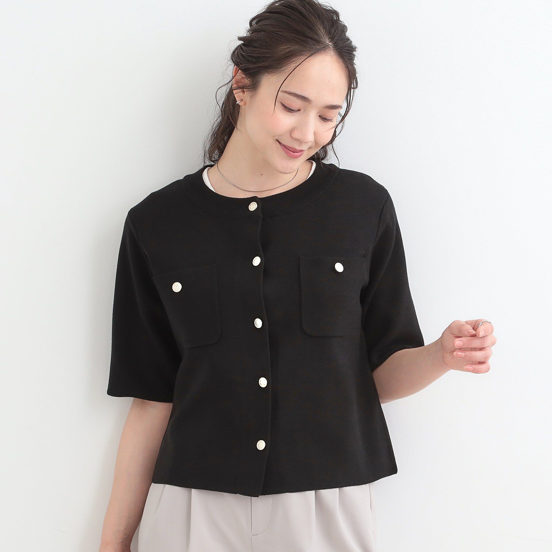 SHOO･LA･RUE「【S-LL/洗濯機可】金ボタン5分袖カーディガン」|カーディガン|