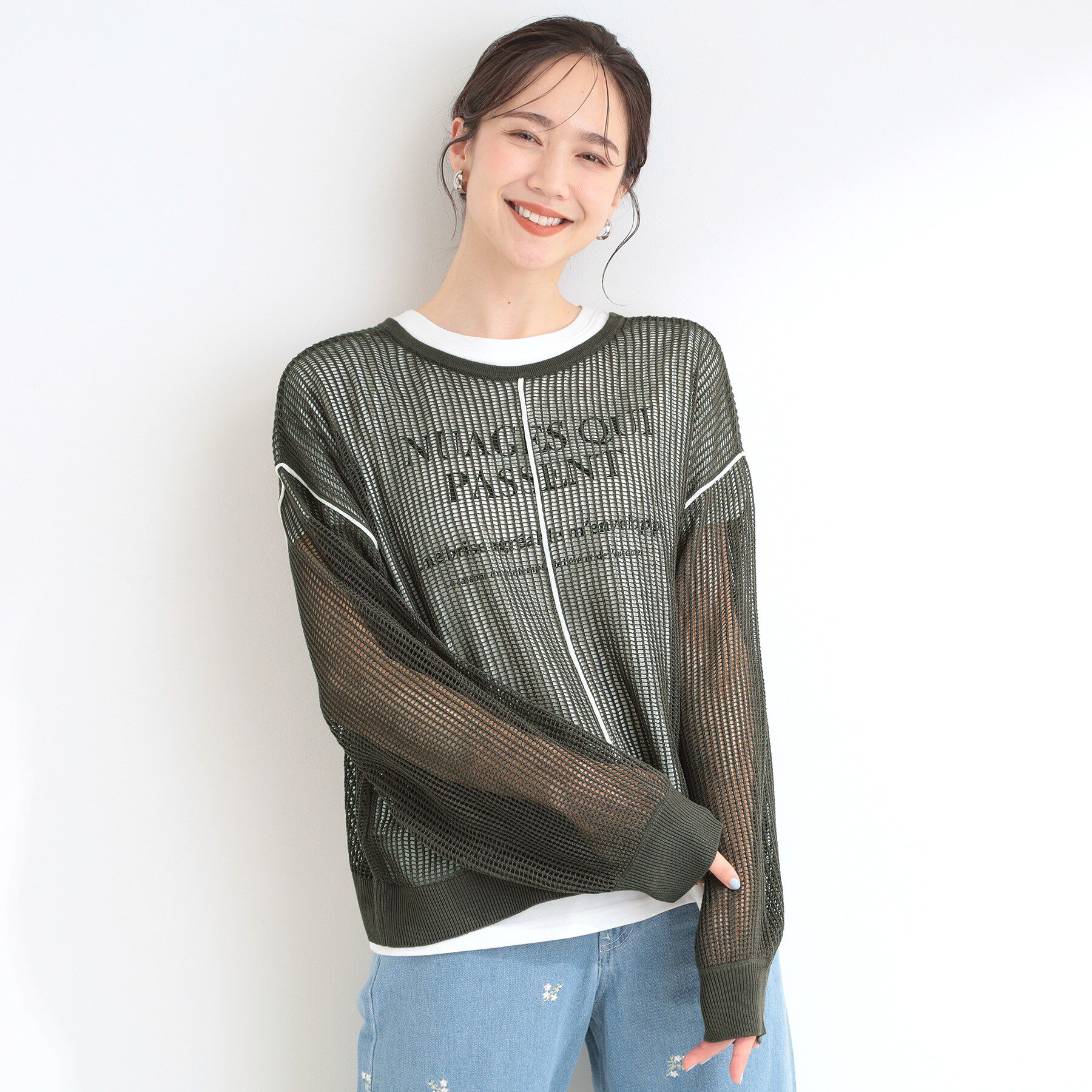 SHOO･LA･RUE「【前後2WAY/2点セット/洗濯機可/S-LL】メッシュリボンニット＆半袖ロゴT」|その他|