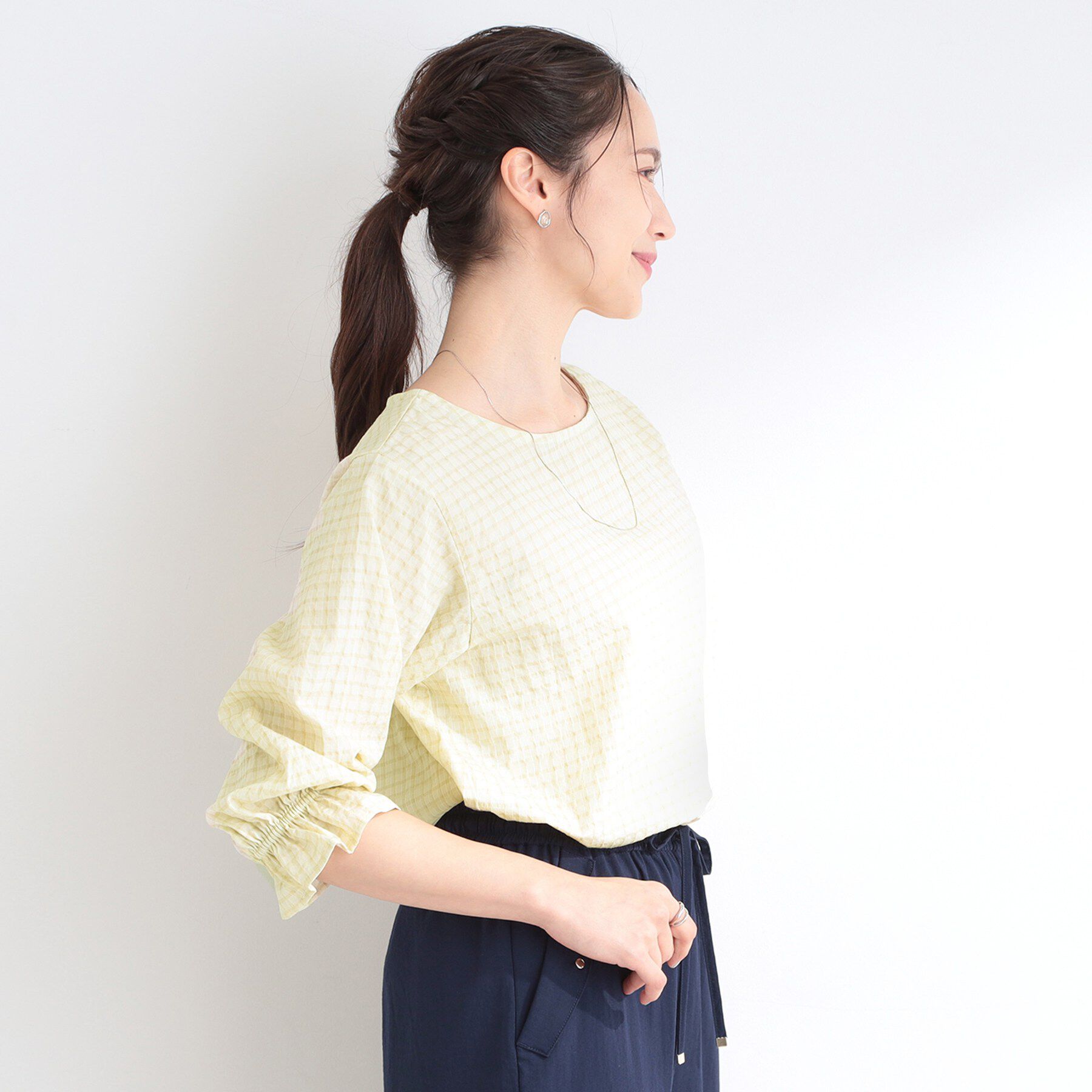 SHOO･LA･RUE「【セットアップ可/S-LL/洗濯機可】二の腕もカバーしてくれる　さらっとした着心地のサッカーチェック」|シャツ・ブラウス|