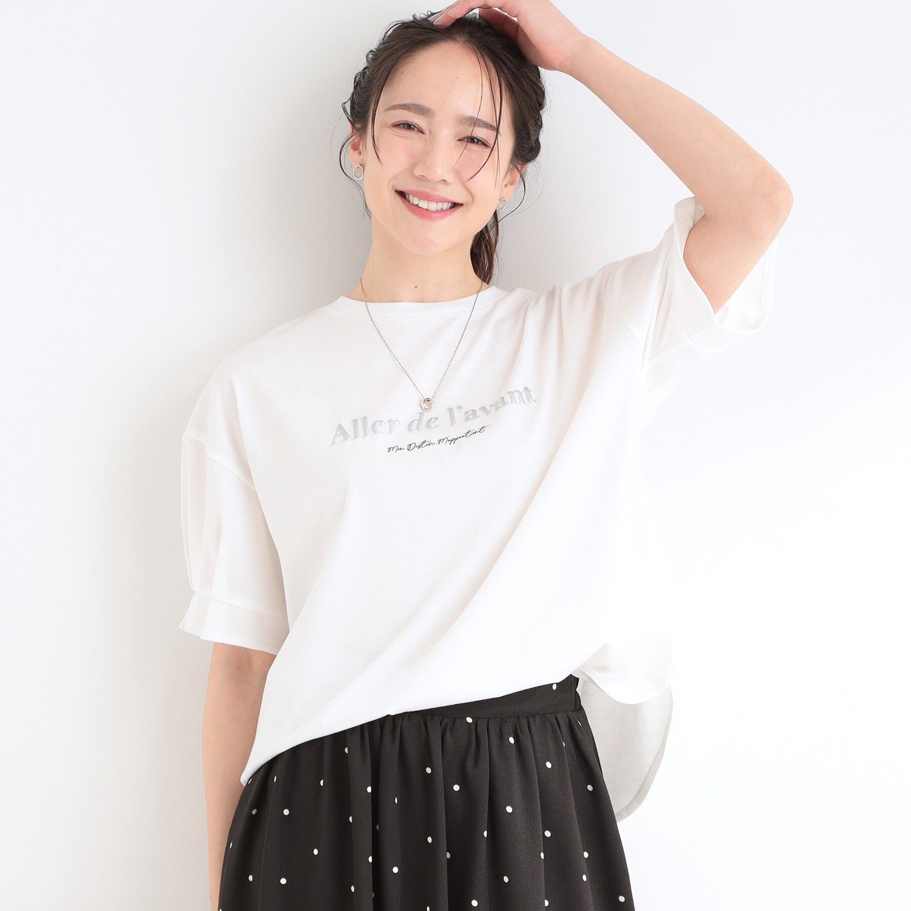 SHOO･LA･RUE「【ひんやり/UV】タックスリーブ ラメ発砲プリントTシャツ」|Tシャツ・カットソー|