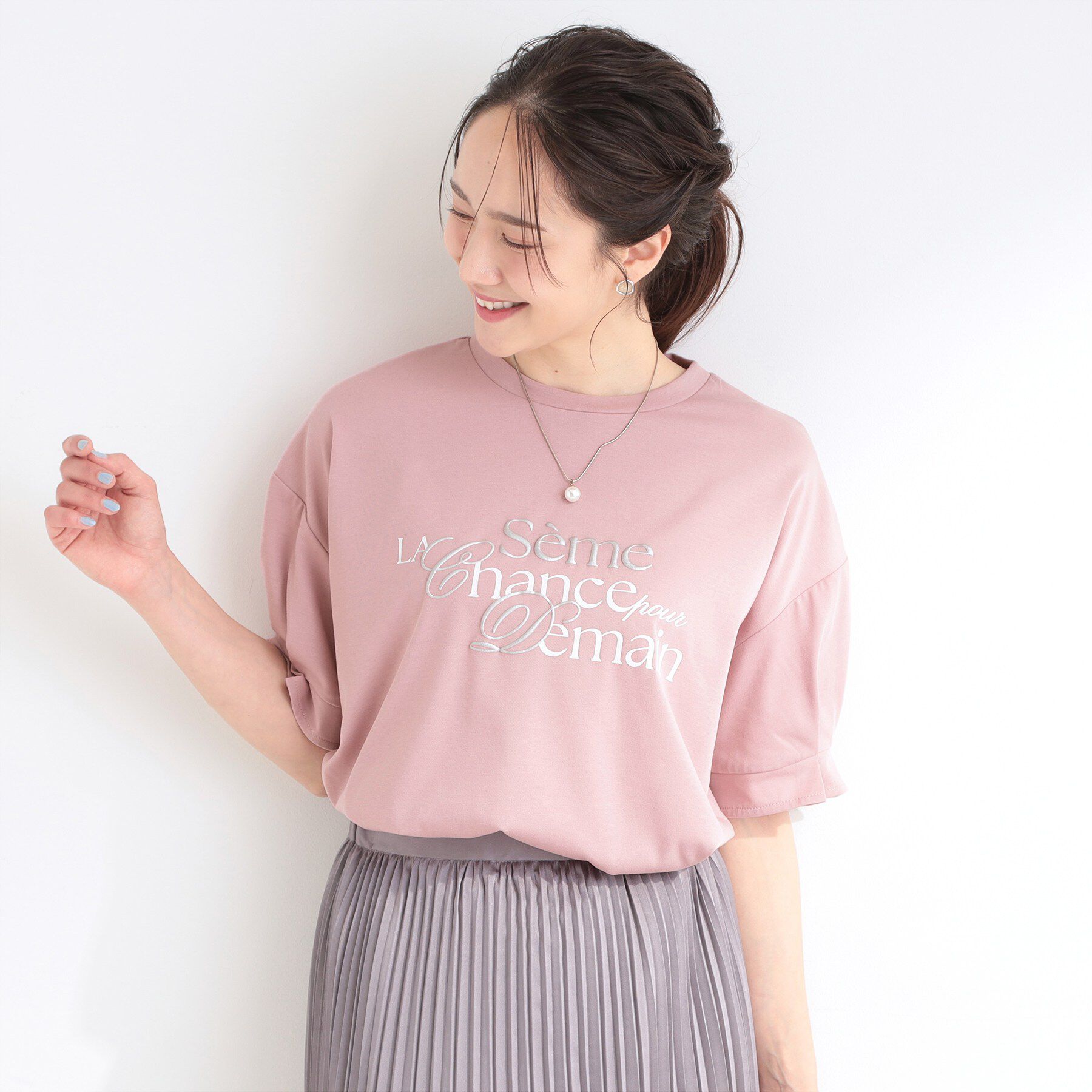 SHOO･LA･RUE「【ひんやり/UV】タックスリーブ ラメ発砲プリントTシャツ」|Tシャツ・カットソー|