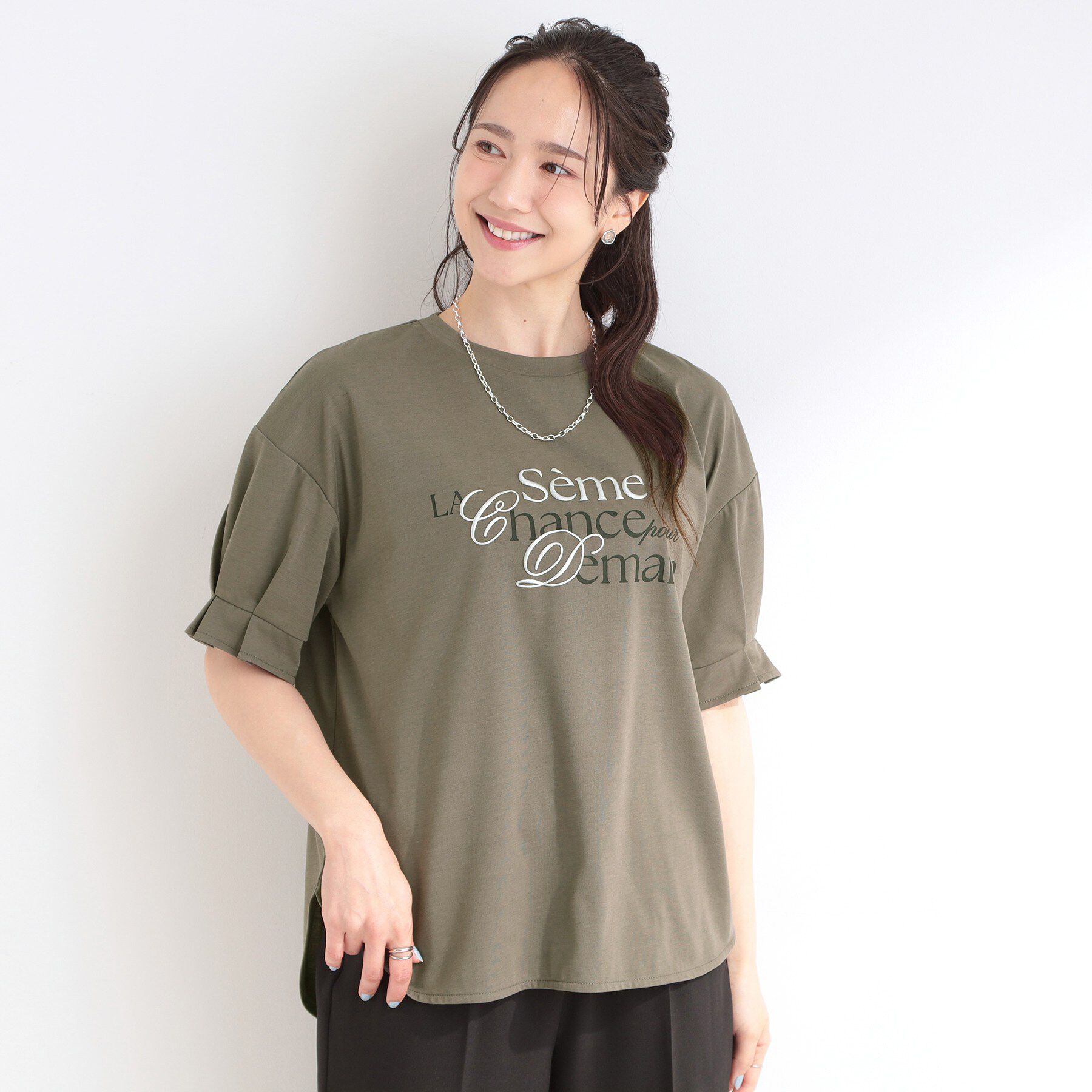 SHOO･LA･RUE「【ひんやり/UV】タックスリーブ ラメ発砲プリントTシャツ」|Tシャツ・カットソー|