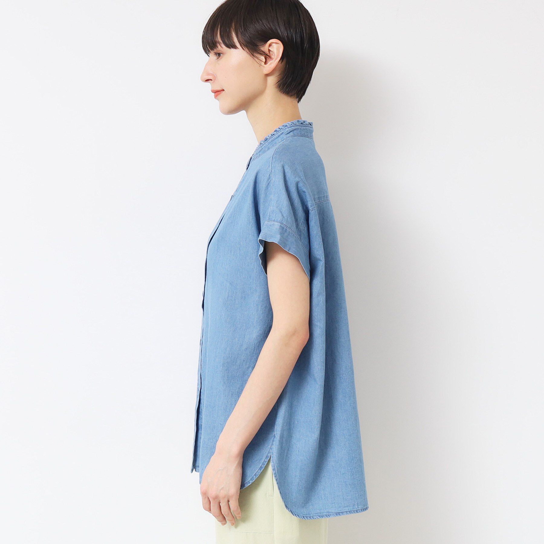 Dessin「【洗える】リネンブレンドデニムフリルシャツ」|シャツ・ブラウス|