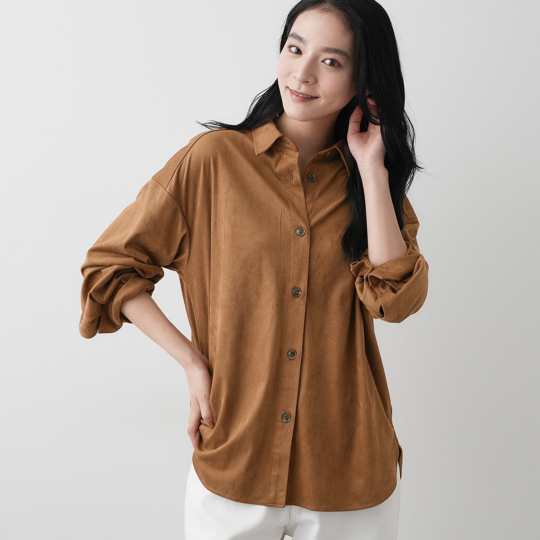 Dessin「【洗える】ストレッチスウェードライクシャツ」|シャツ・ブラウス|キャメルブラウン(0