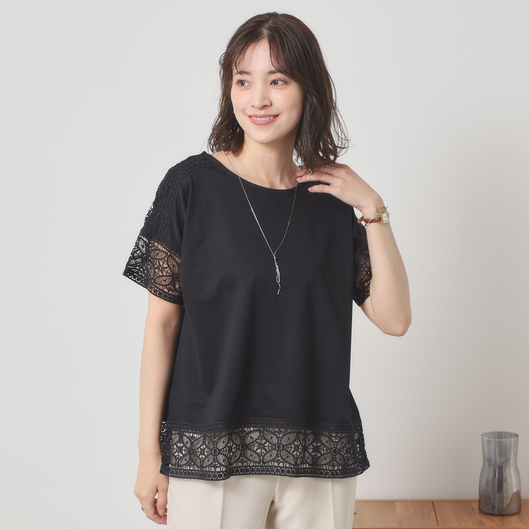 ITS&rsquo;DEMO「【吸水速乾／手洗い可／洗濯後しわになりにくい】カットミラノレーストップス」|Tシャツ・カットソー|ブラック(019)