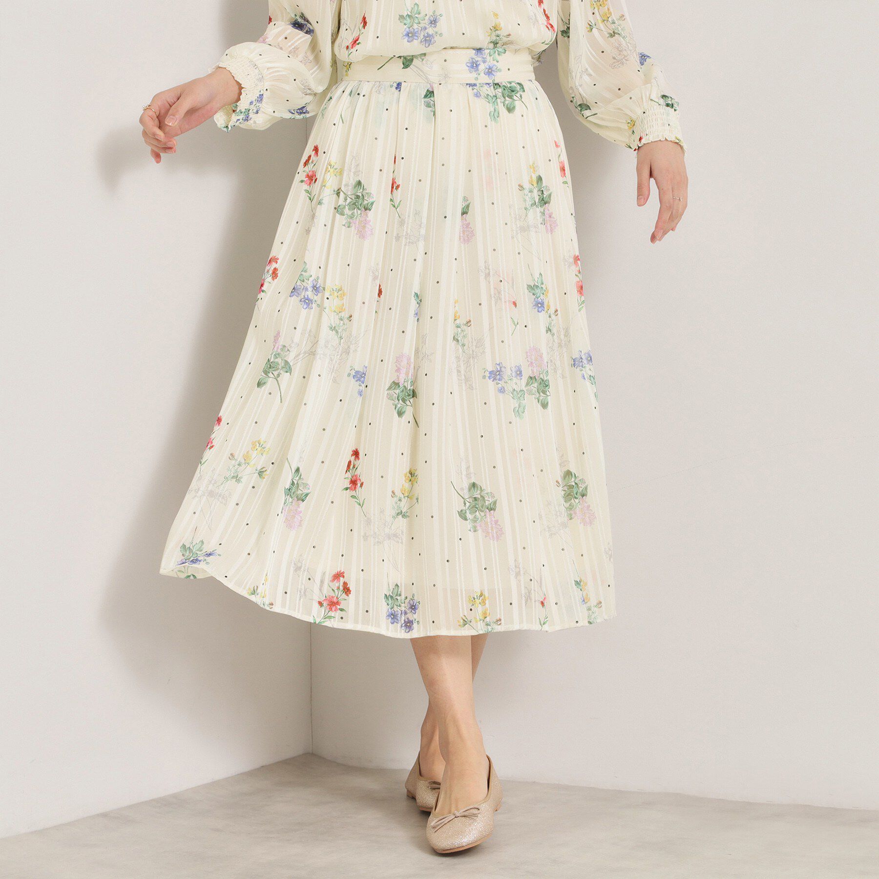 ITS&rsquo;DEMO「【手洗い可／セットアップ可】ラメストライプ花柄スカート」|スカート|アイボリー(104)