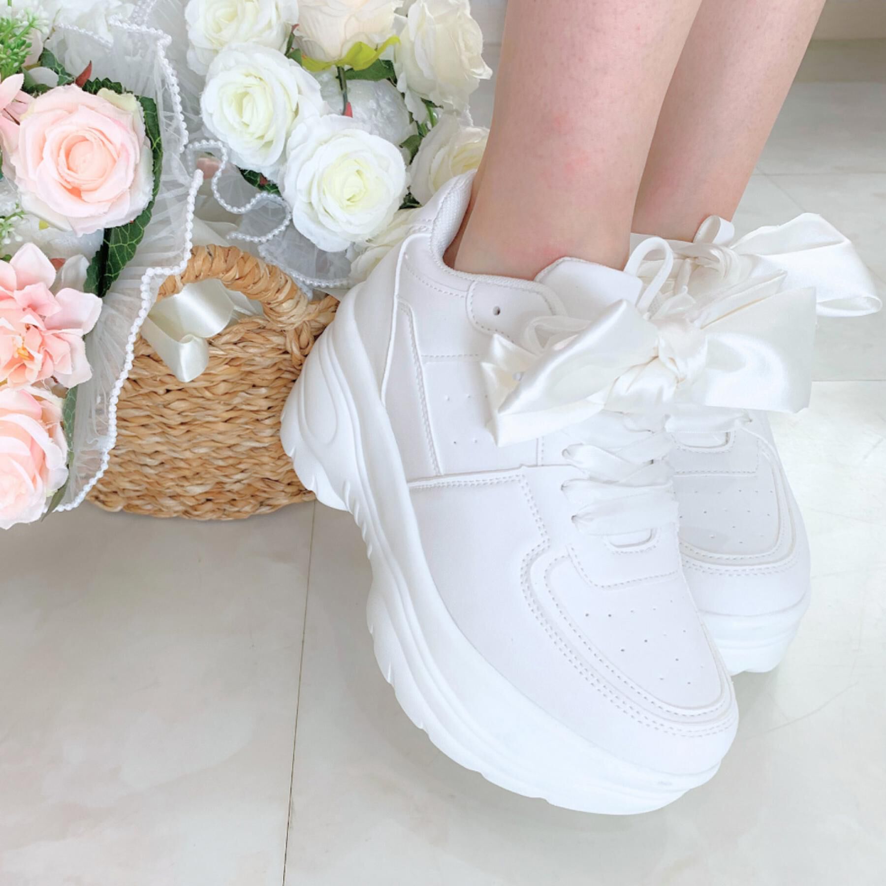 csT&P「厚底リボン取り外し可スニーカー」|スニーカー|ホワイト(001)