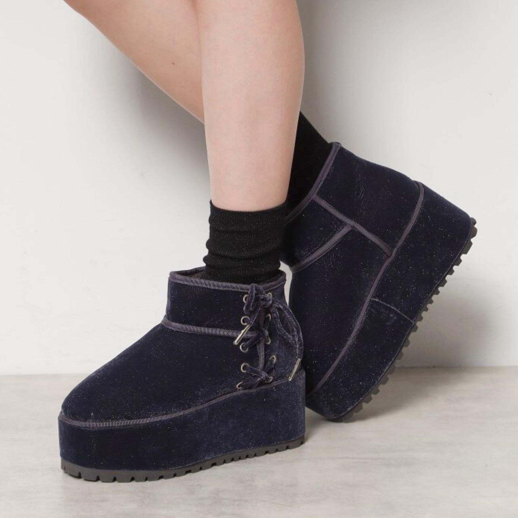 ESPERANZA「【EC先行販売】厚底レースアップリボンフェイクムートンブーツ」|ショートブーツ|グレー(312)