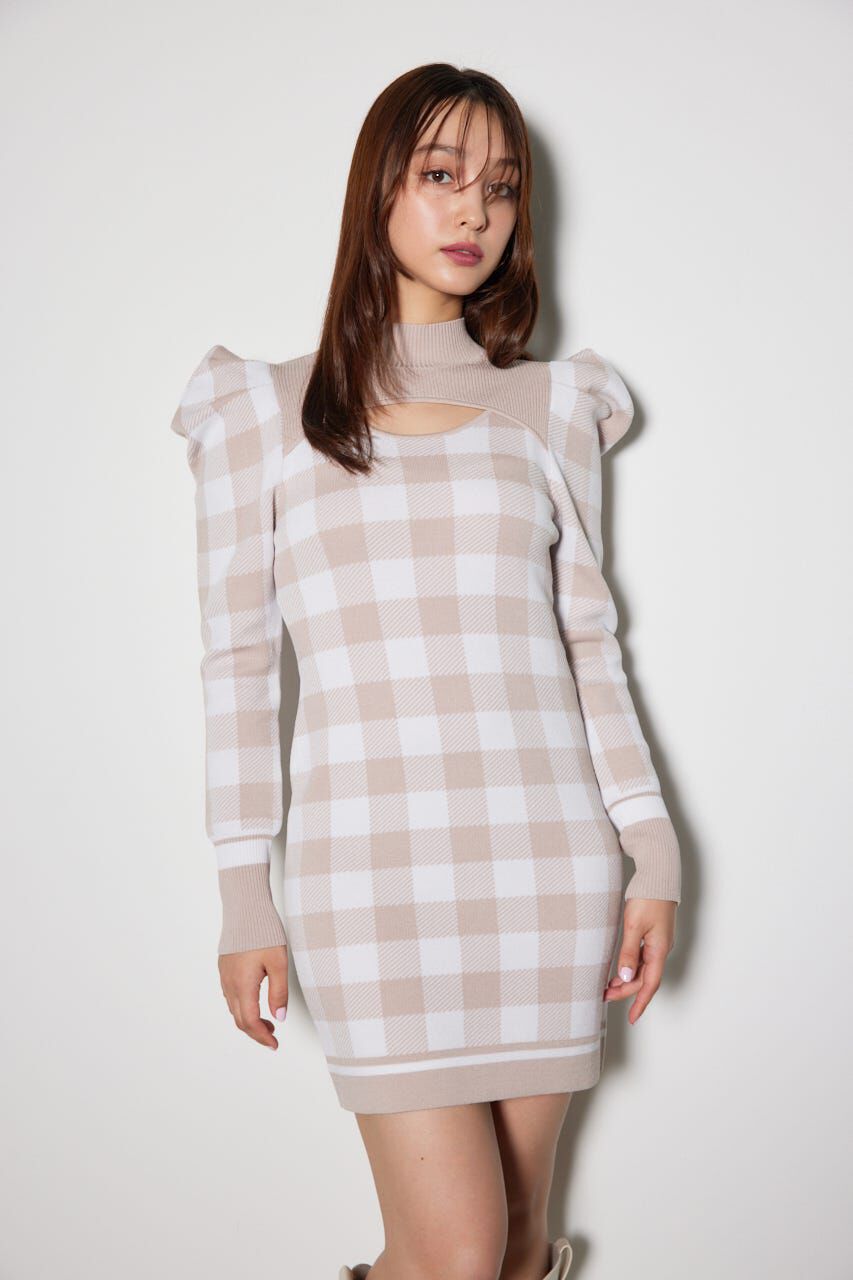 rienda「ギンガムジャガードタイトニットワンピース」|ワンピース|BEG