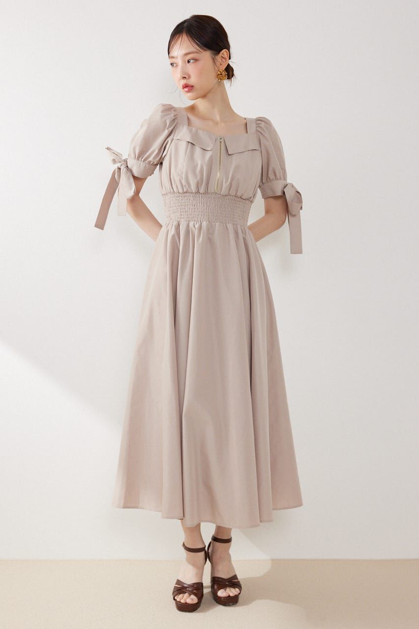rienda「リボンスリーブフレアワンピース」|ワンピース|BEG