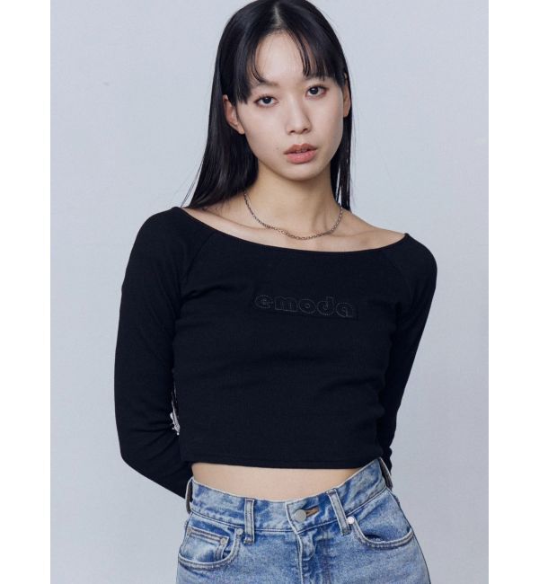 EMODA「ロゴパッチクロップドロンT」|Tシャツ・カットソー|ブラック