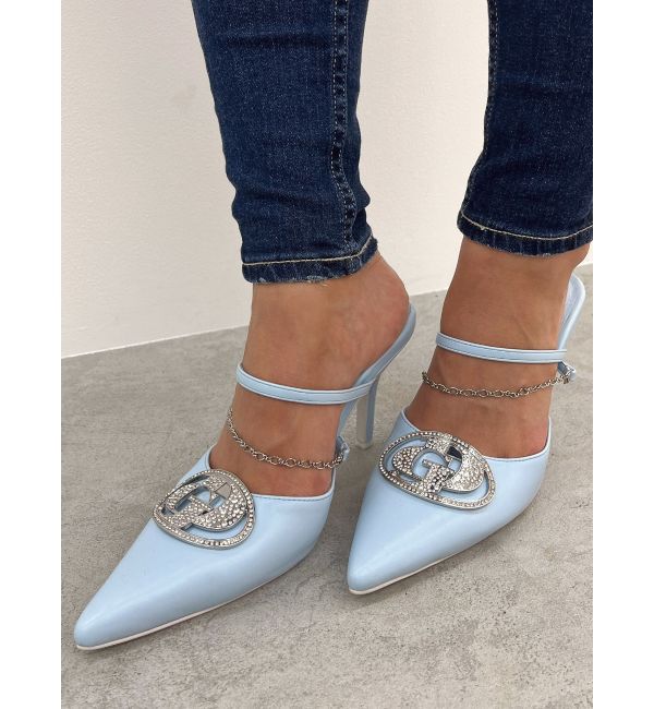 GYDA「3way GDビジューMOLDチェーンストラップポインテッドミュール」|パンプス|スカイブルー