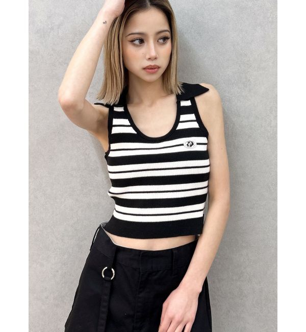 GYDA「ボーダーノースリPOLOニットトップス」|ニット・セーター|