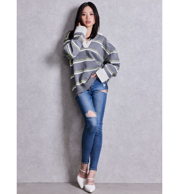 GYDA「スキッパーPOLOボーダーニットトップス」|ニット・セーター|