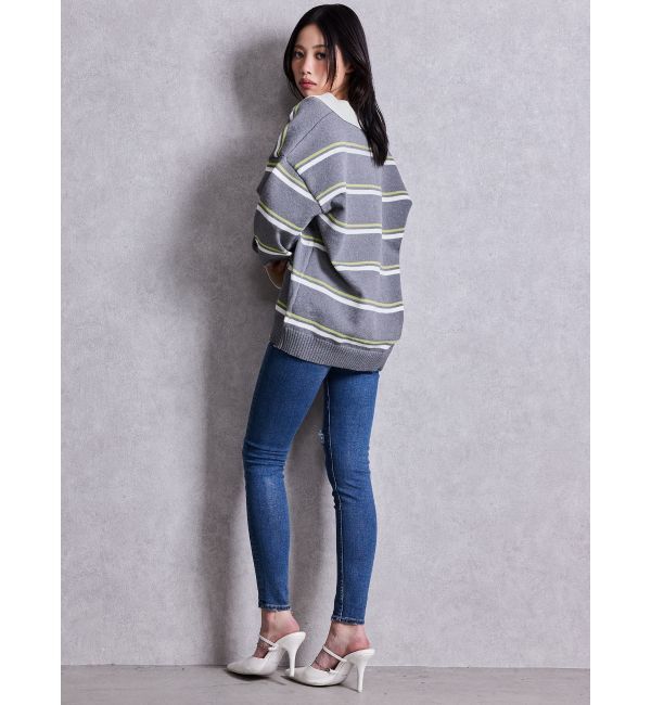 GYDA「スキッパーPOLOボーダーニットトップス」|ニット・セーター|
