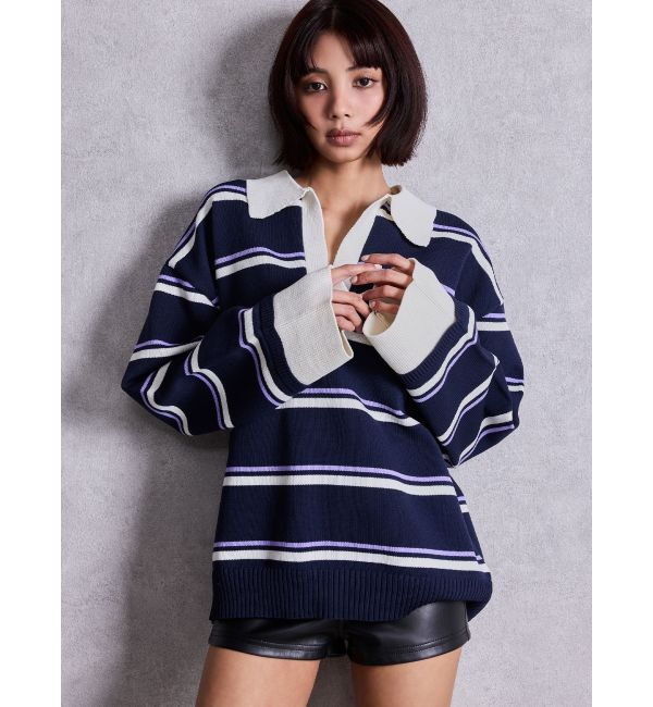 GYDA「スキッパーPOLOボーダーニットトップス」|ニット・セーター|