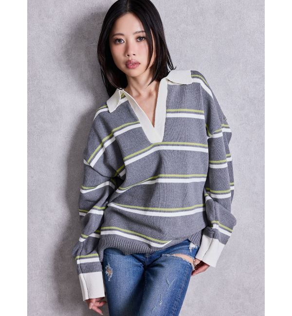GYDA「スキッパーPOLOボーダーニットトップス」|ニット・セーター|グレー
