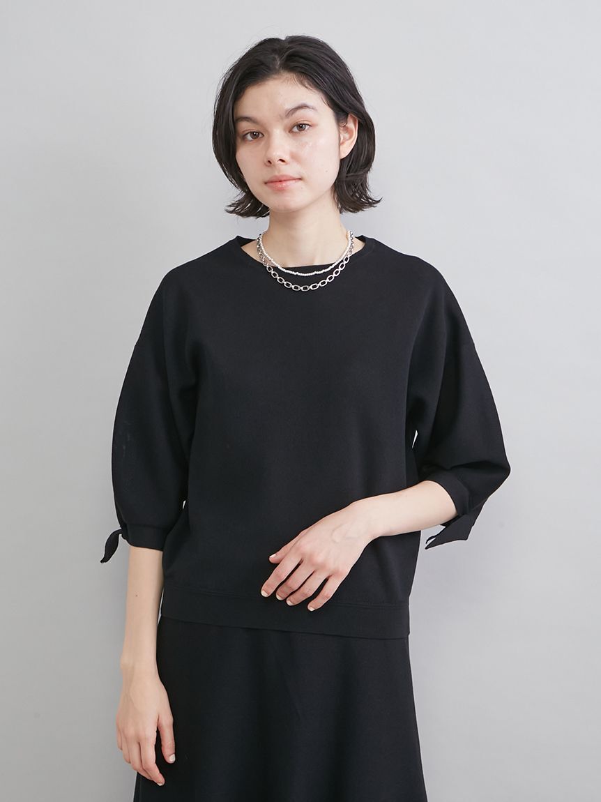 Mila Owen「【ウォッシャブル】ドライタッチ袖リボンニットプルオーバー」|ニット・セーター|BLK