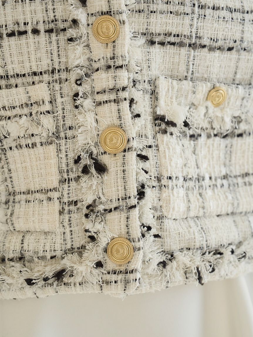 SNIDEL「デタッチャブルフリルカラーツイードジャケット」|ノーカラージャケット|